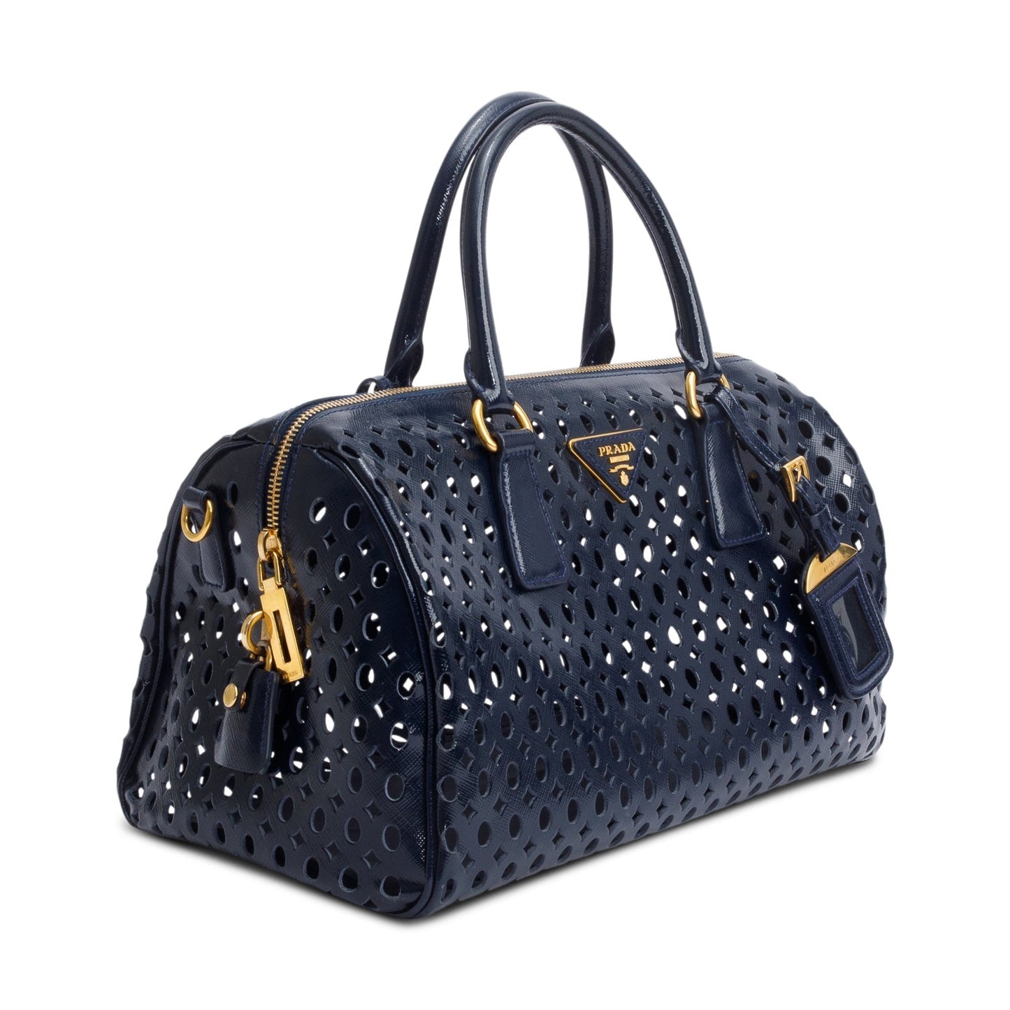 Prada Saffiano Vernice Fori Bauletto Handbag Leather Blue Travel Bag
