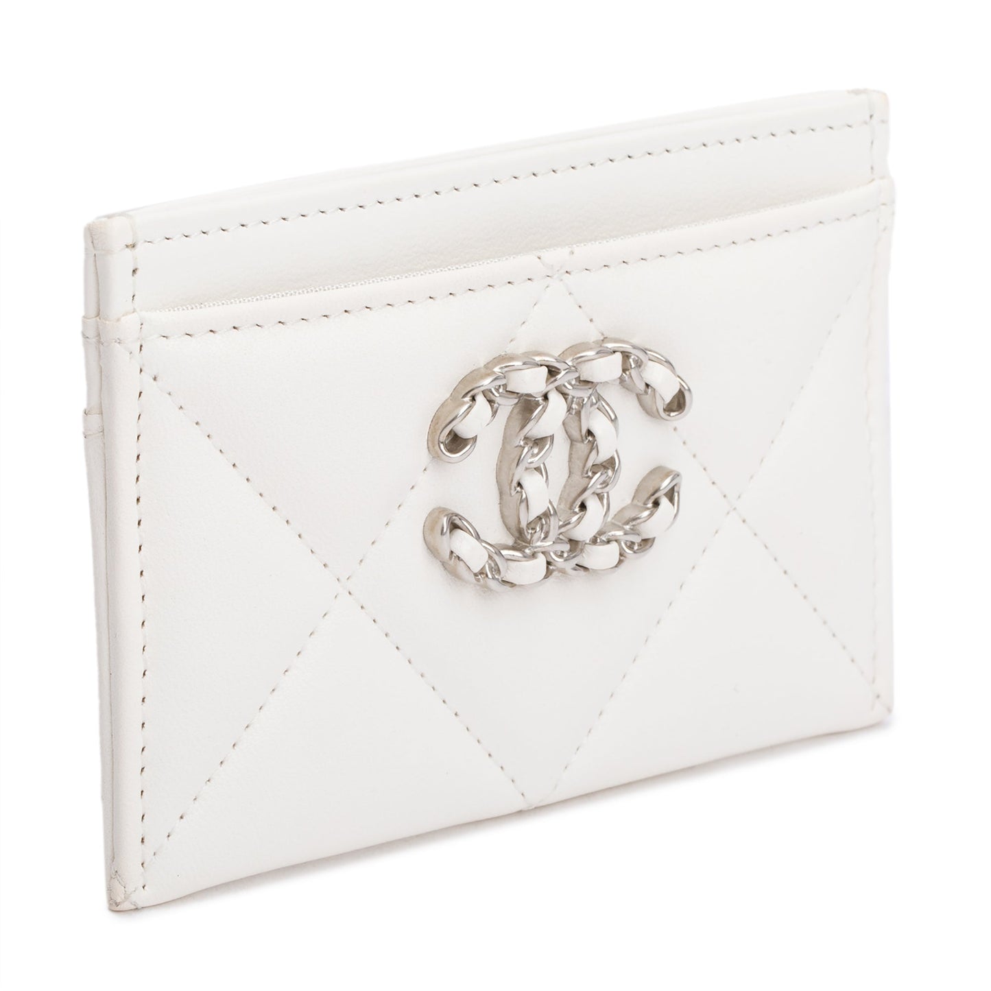 Chanel Quilted 19 Card Holder Leather Lambskin White Wallet Case
