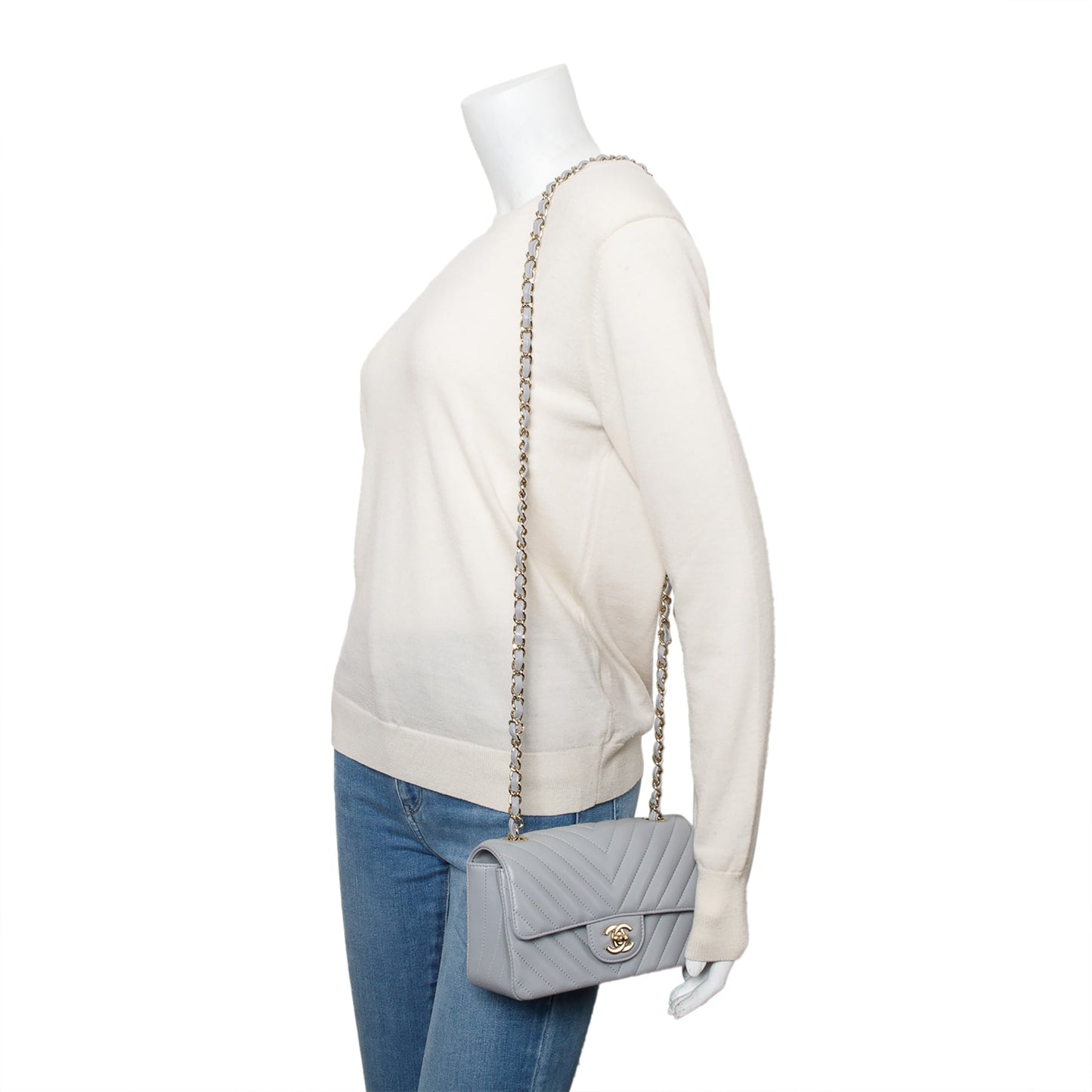Chanel Chevron Quilted Classic Rectangular Flap Leather Lambskin Grey Travel Bag
