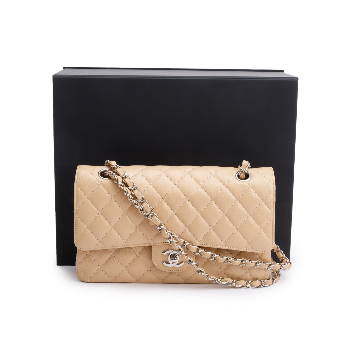 Chanel Quilted Caviar Classic Double Flap Leather Beige Travel Bag 5