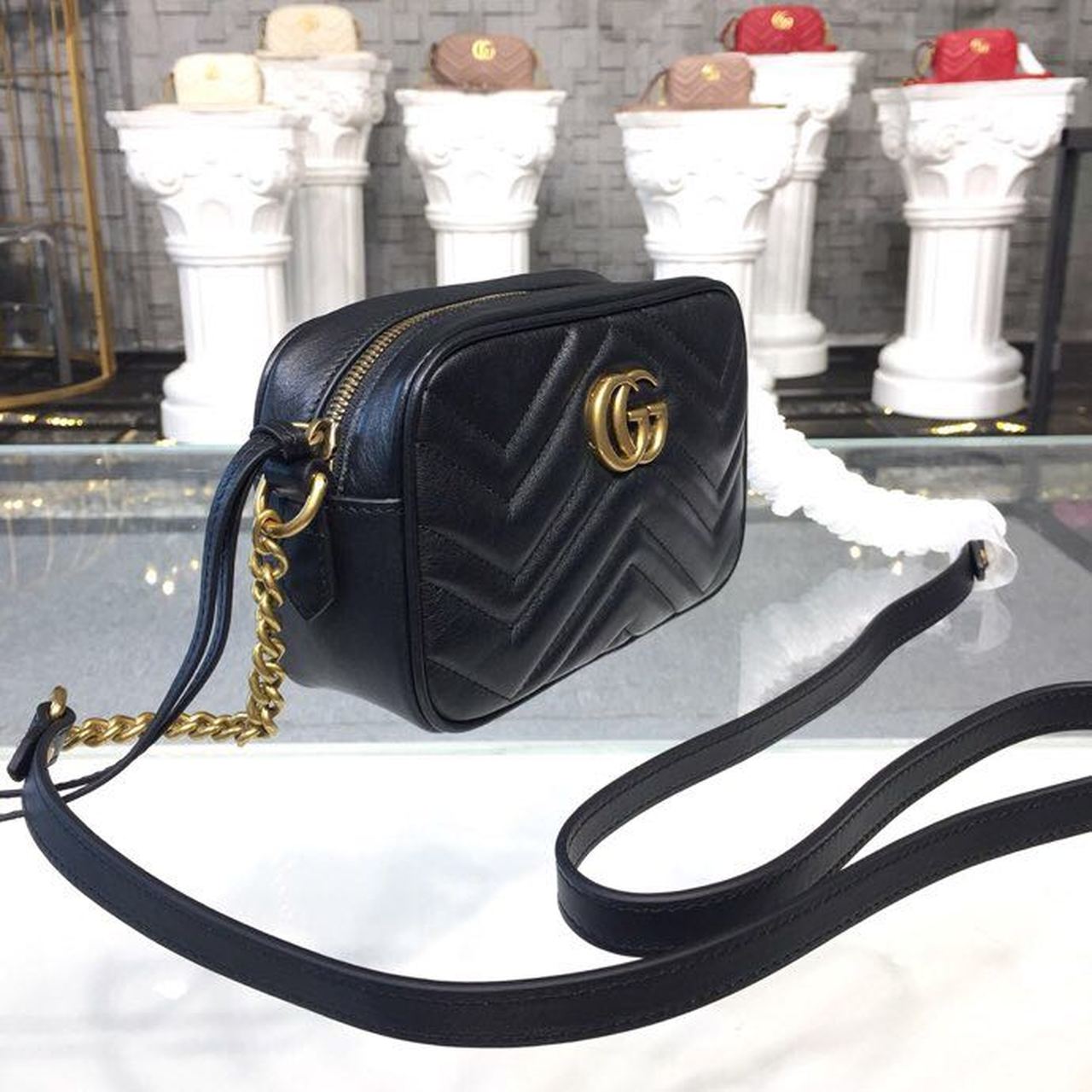 gg Marmont Matelassé Chevron Black Mini Bag