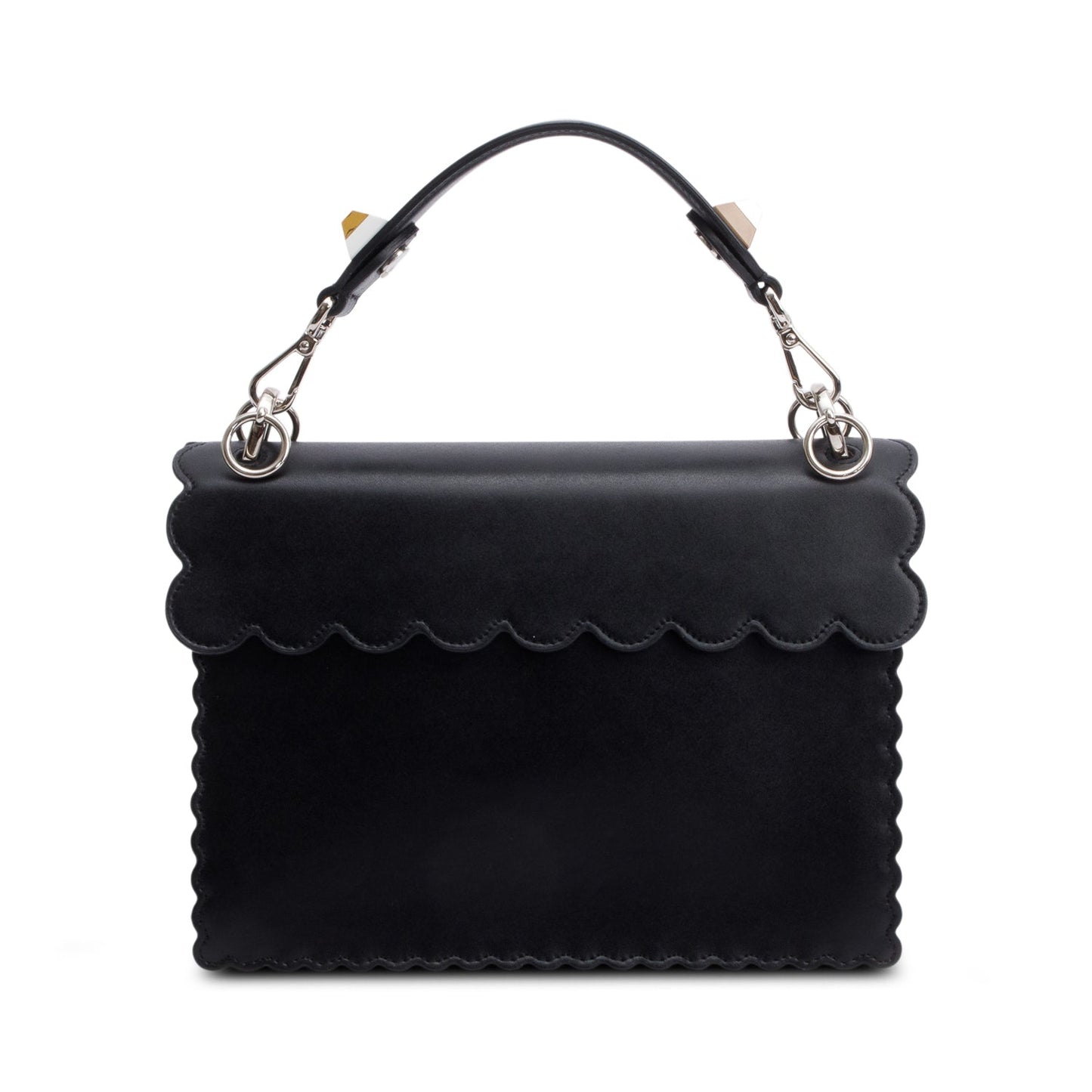 Fendi Calfskin Faux Pearl Kan Scallop Handle Bag Leather Black Travel Bag