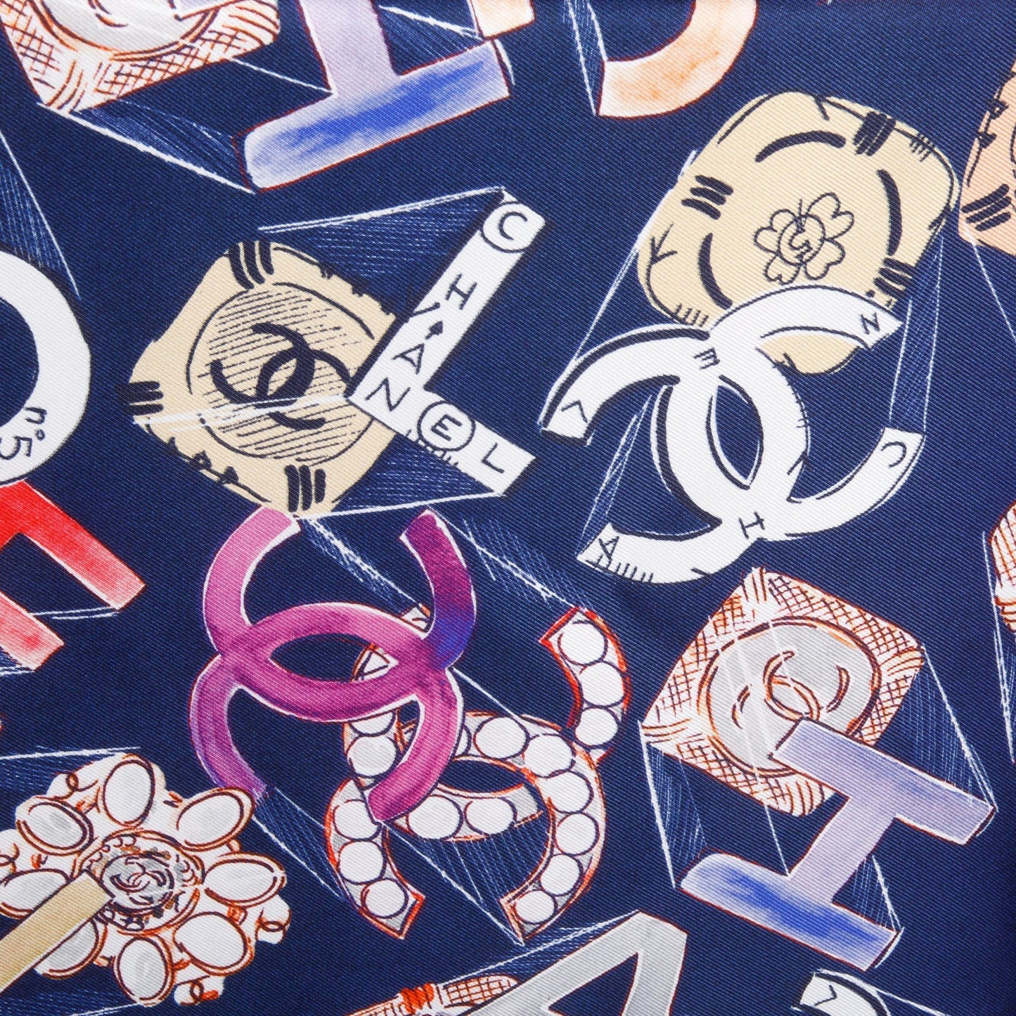 Chanel Navy Printed Square Silk Scarf Multicolor