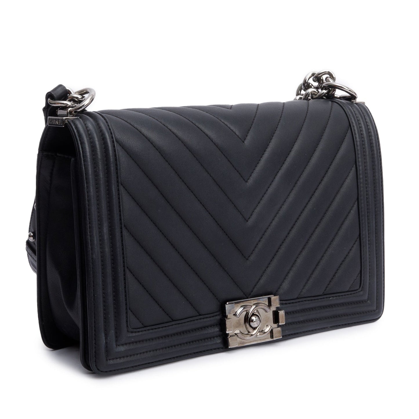 Chanel Chevron Quilted Boy Leather Lambskin Black Travel Bag Boy Bag
