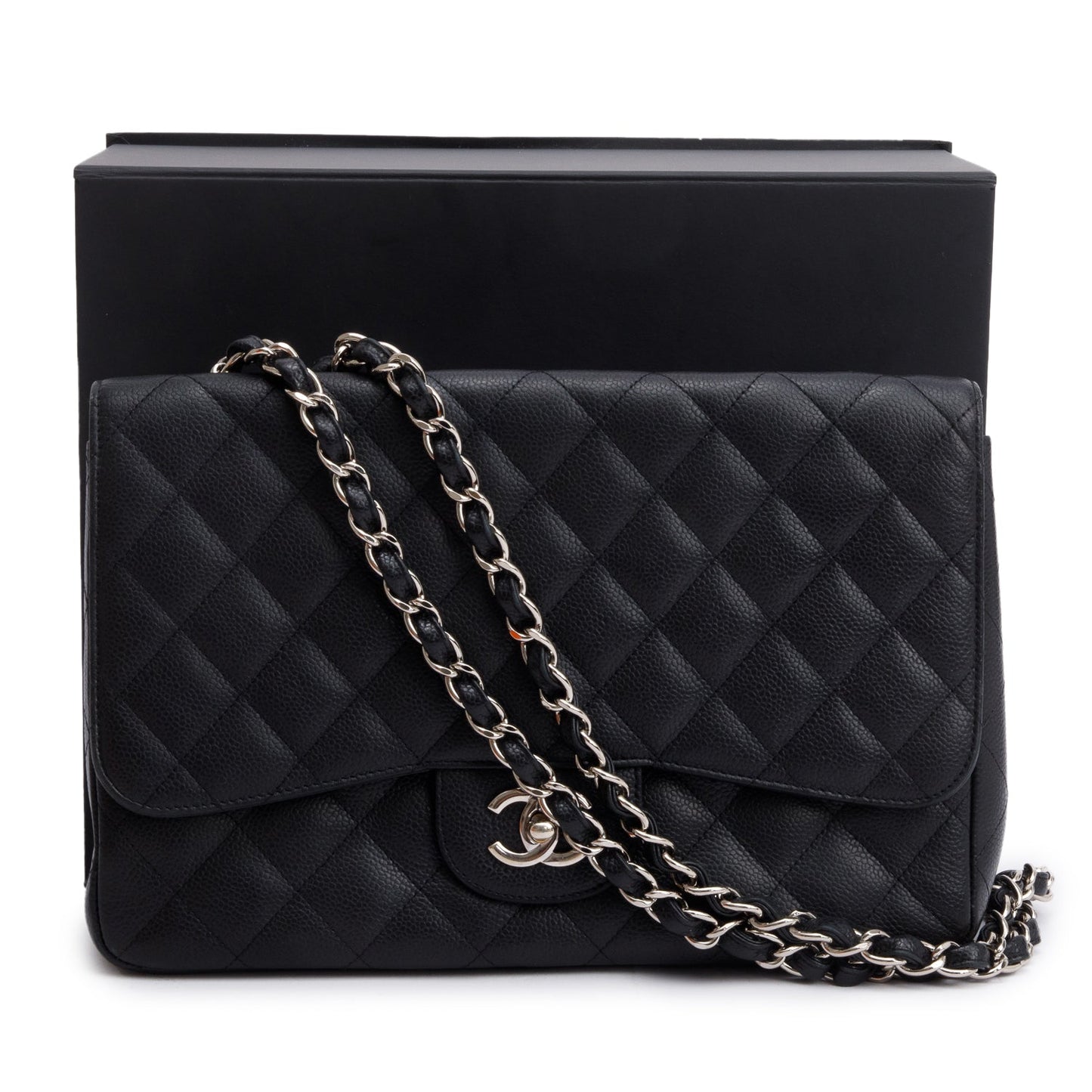 Chanel Caviar Classic Jumbo Single Flap Black Travel Bag W Box