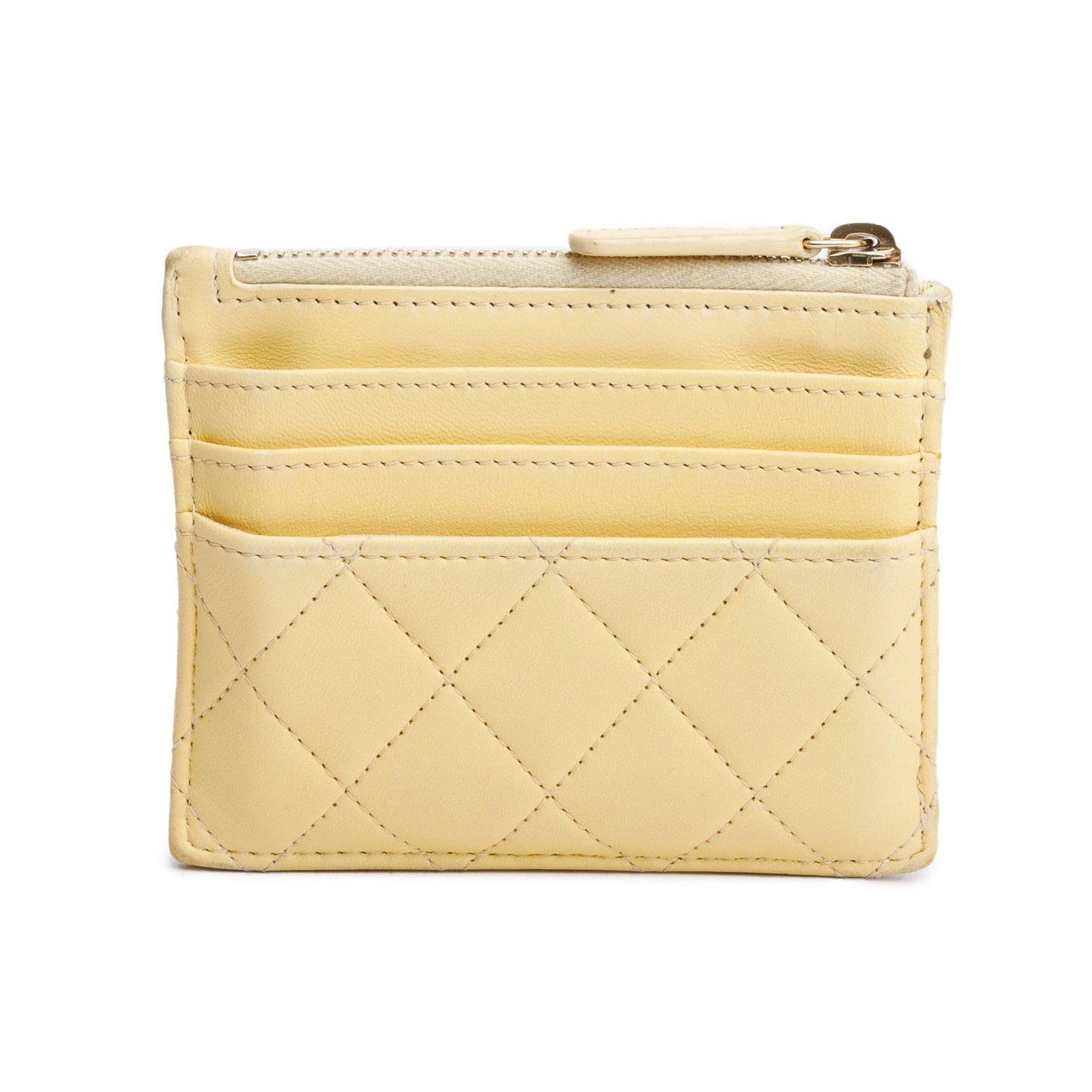 Chanel Quilted CC Zipped Card Holder Leather Lambskin Yellow Wallet Case
