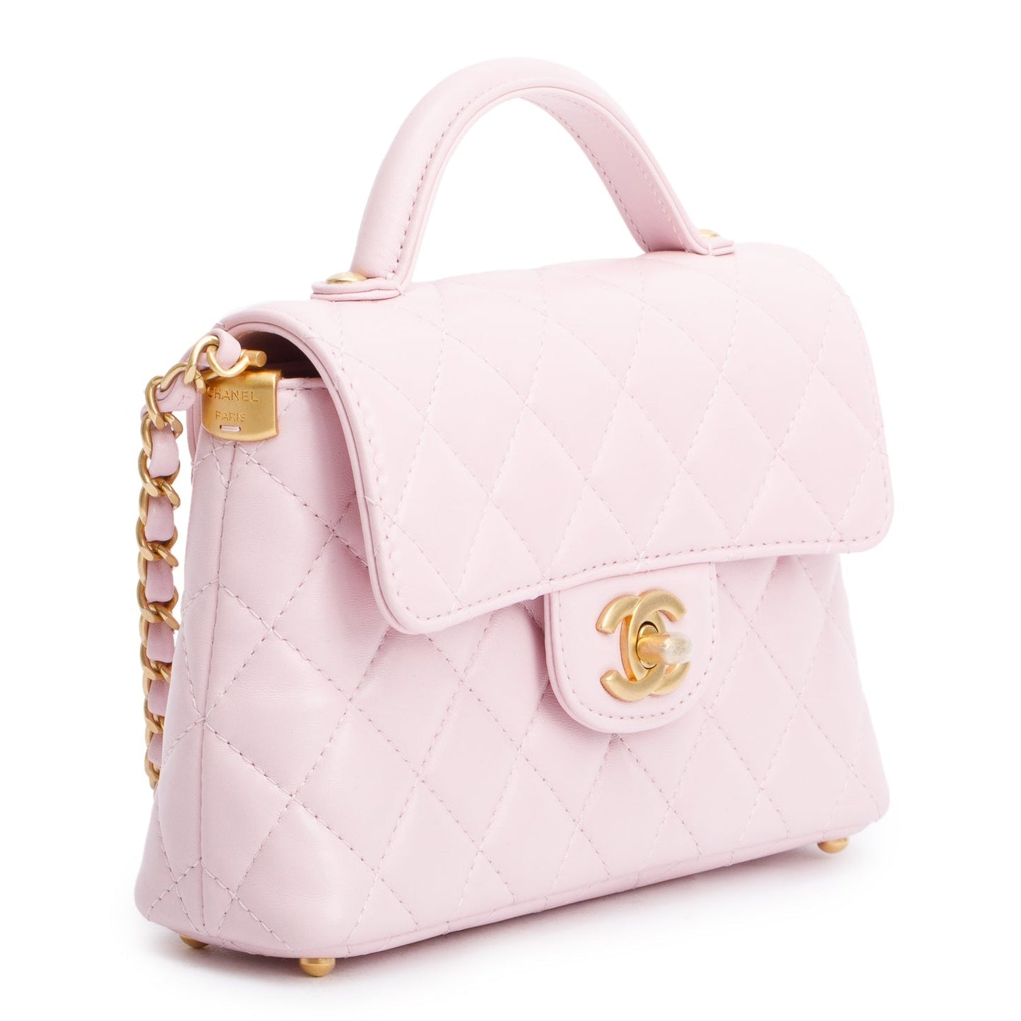 Chanel Quilted Top Handle Flap Leather Lambskin Pink Travel Bag