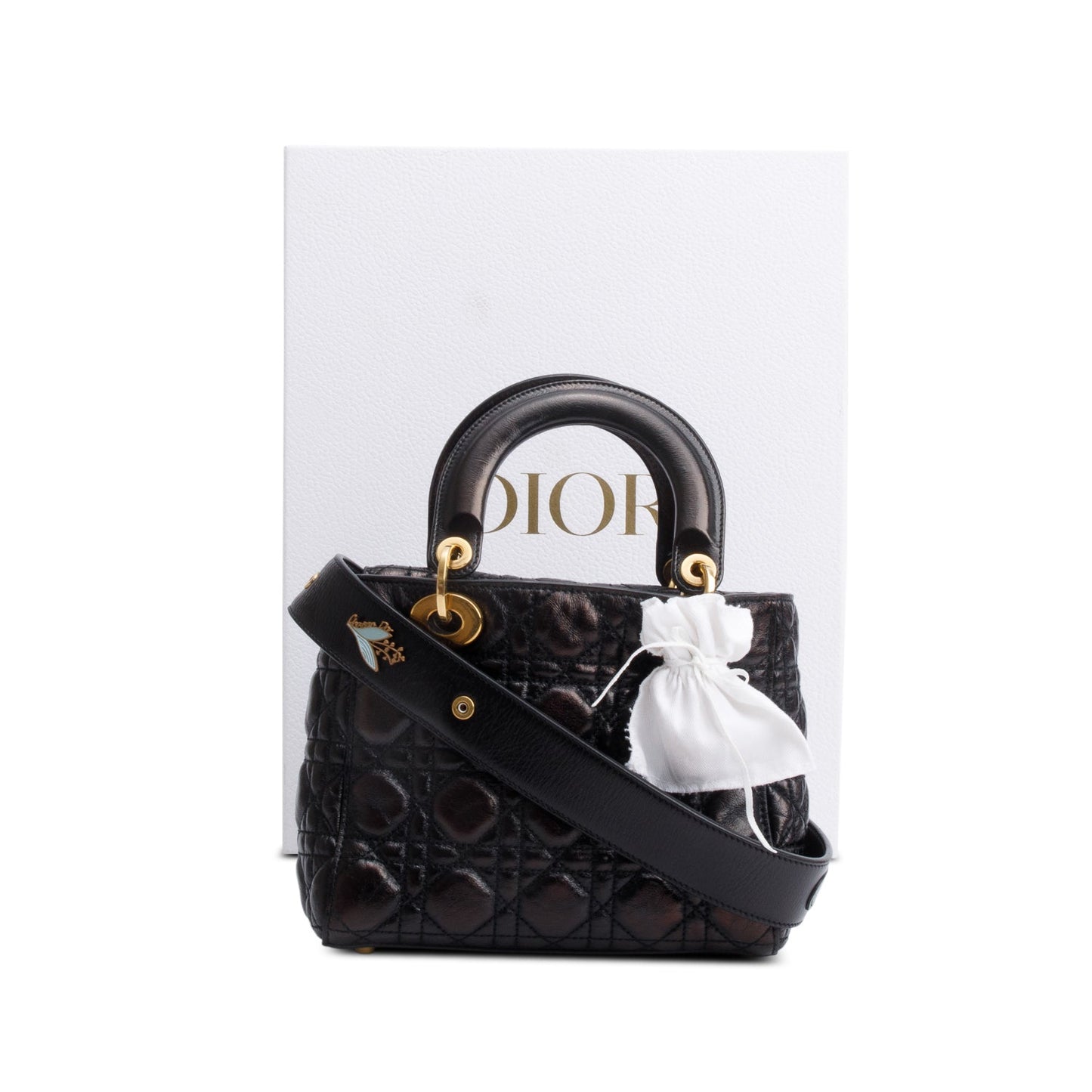 Dior Christian Cannage Crinkled Patent Lucky Badges Lady Leather Black Travel Bag