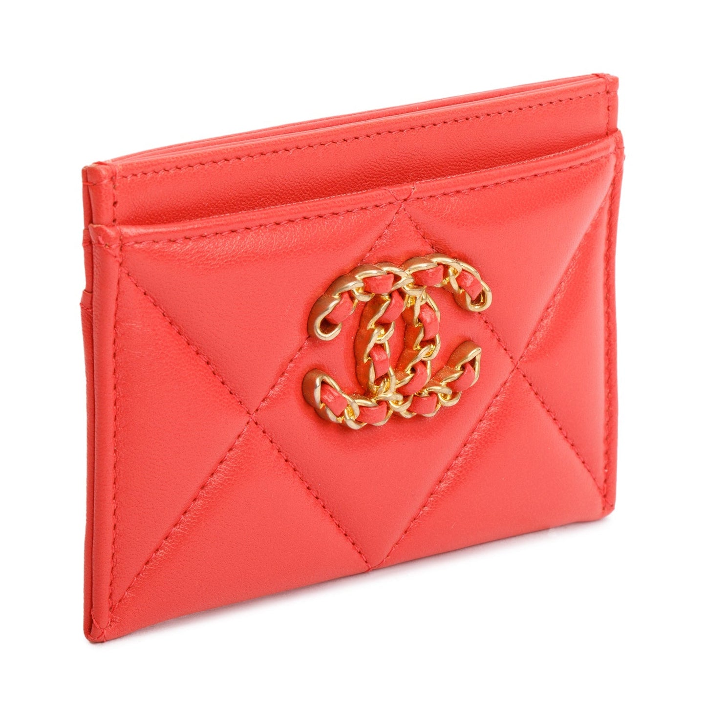 Chanel Coral Quilted 19 Card Holder Leather Lambskin Wallet Case