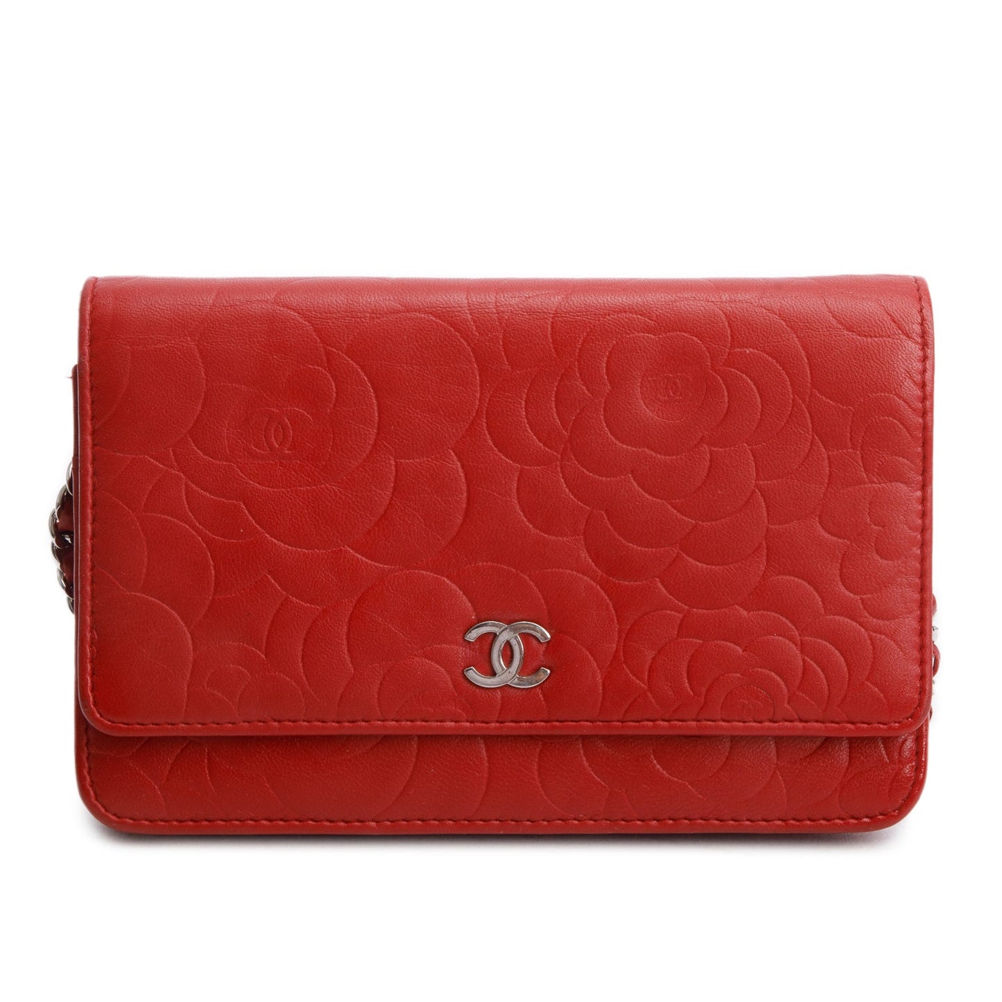 Chanel Quilted Camellia Classic on Leather Lambskin Red Wallet Case