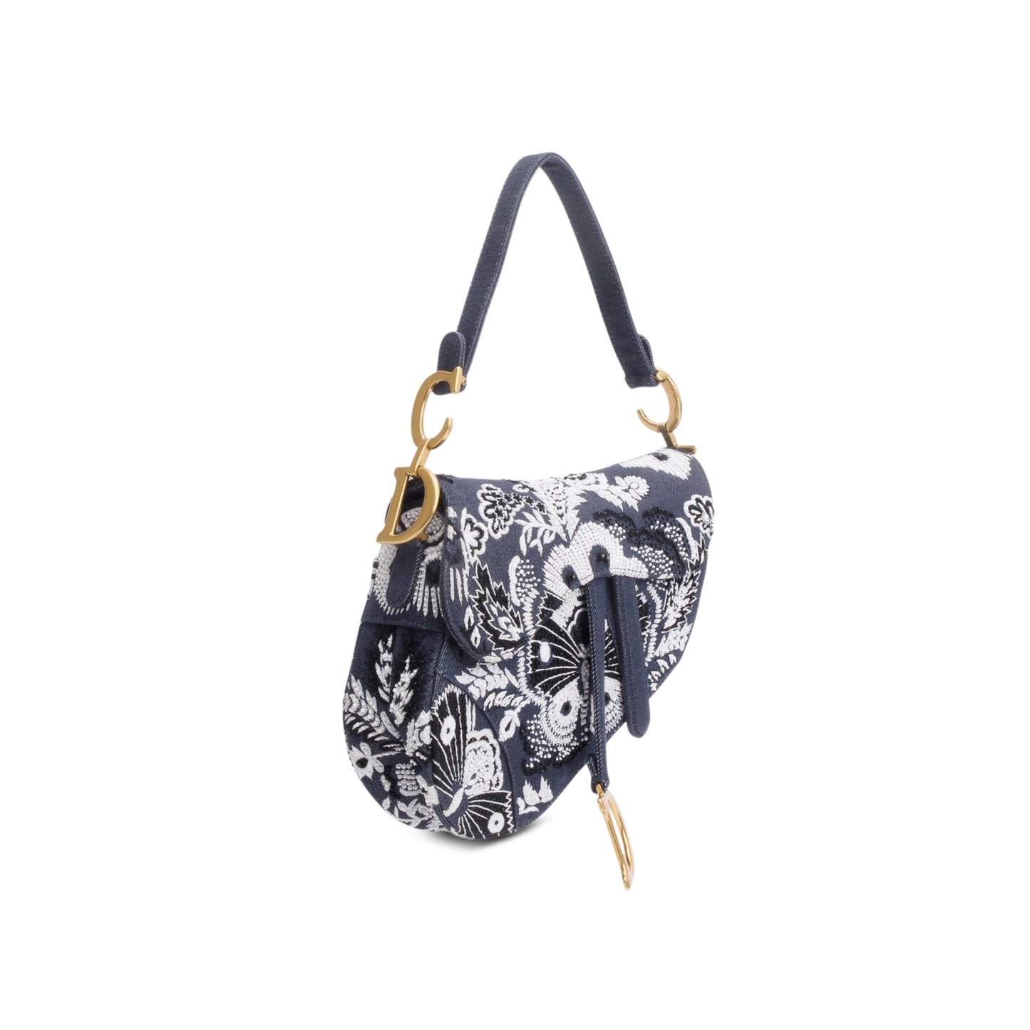 Dior Christian Embroidered Strass Beaded Butterfly & Flowers Denim Blue Travel Bag