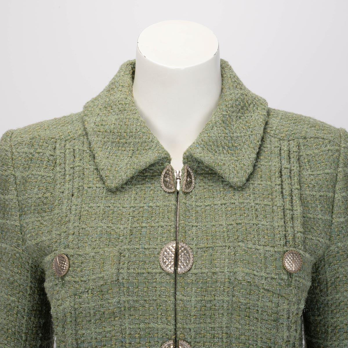 Chanel Sage Green Fantasy Tweed Zip Front Jacket Fr 40