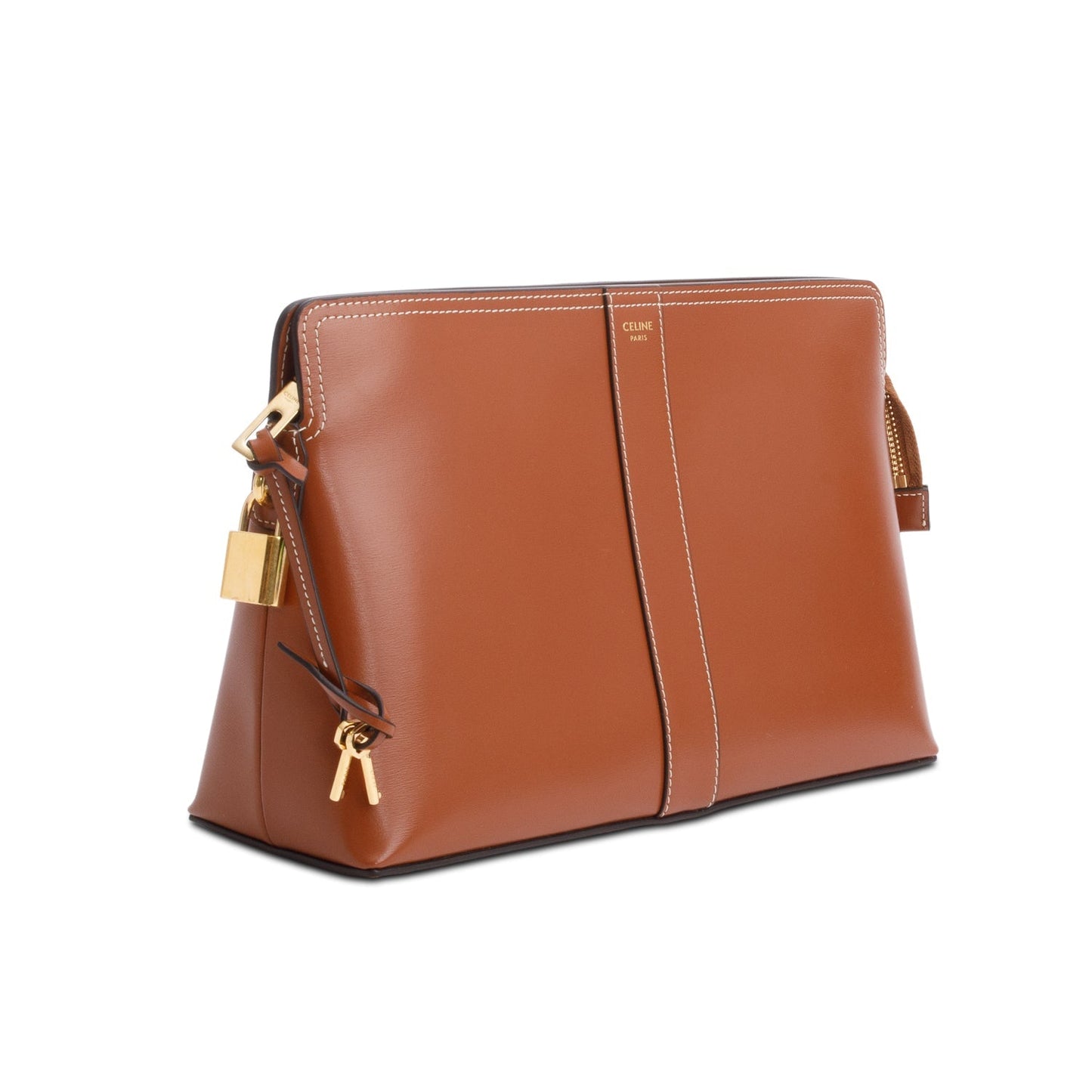 Celine Shiny Calfskin Lock Toiletry Pouch Handbag Leather Tan Travel Bag