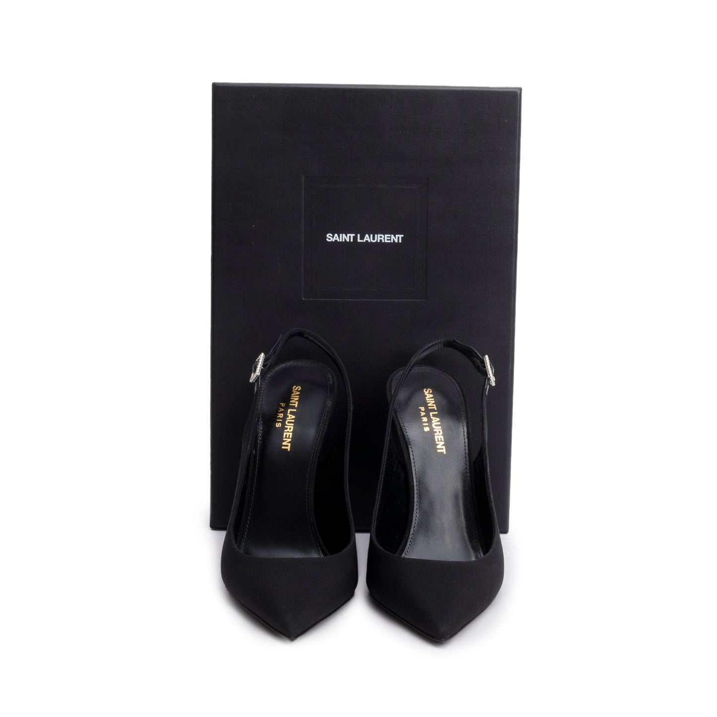 YSL Saint Laurent Crepe Opyum Crystal Slingback Pump Size Travel Satin Black Shoes