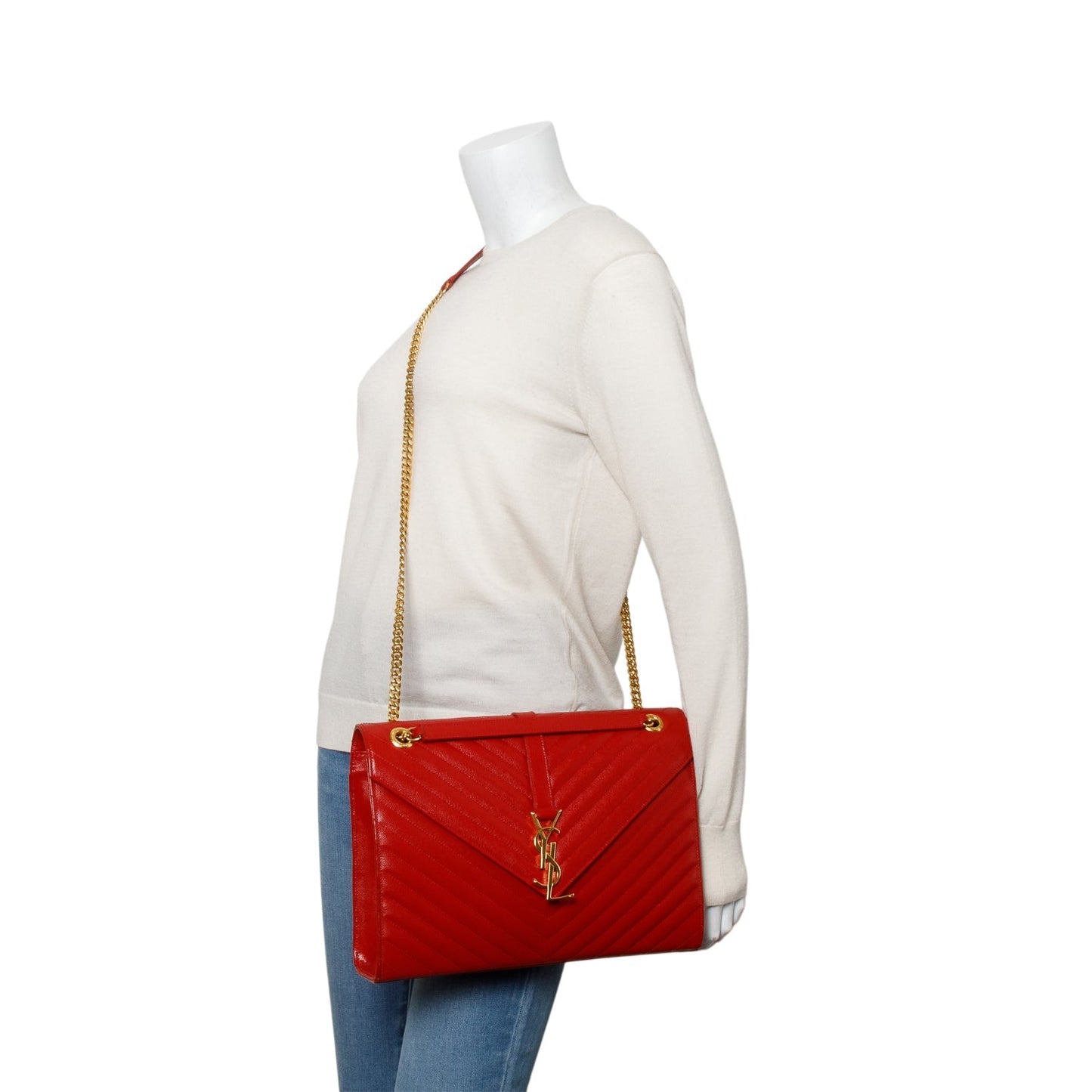 YSL Saint Laurent Chevron Grain De Poudre Envelope Chain Bag Leather Red Travel Bag