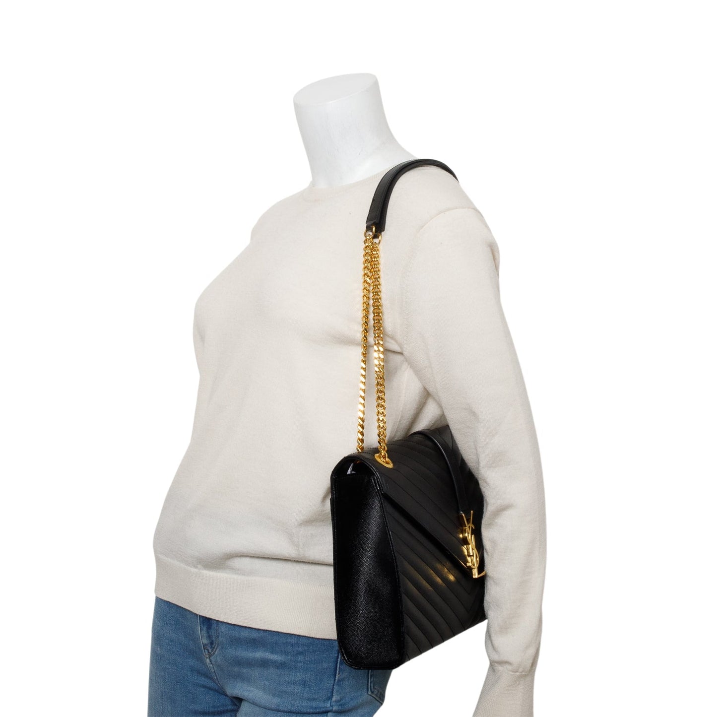 YSL Saint Laurent Chevron Grain De Poudre Envelope Chain Bag Leather Black Travel Bag