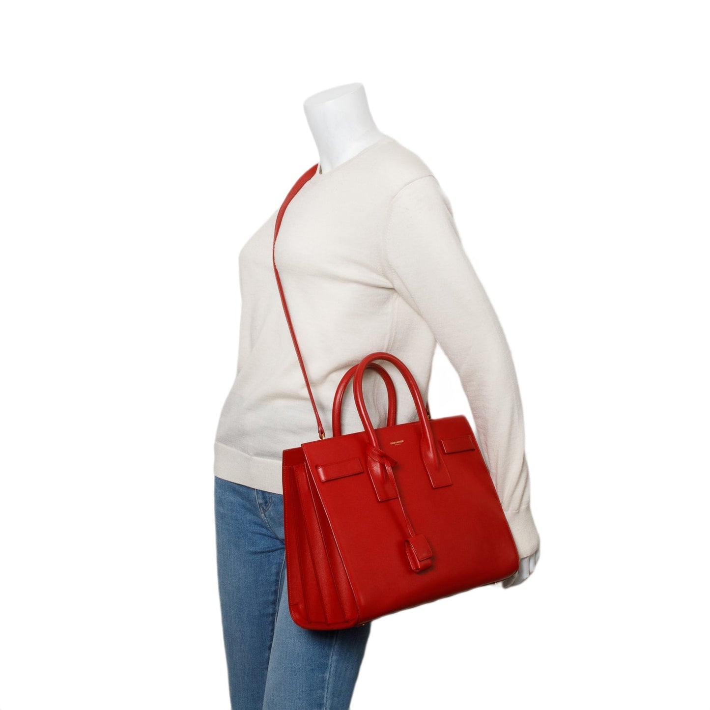 YSL Saint Laurent Calfskin Sac De Jour Travel Bag Leather Red