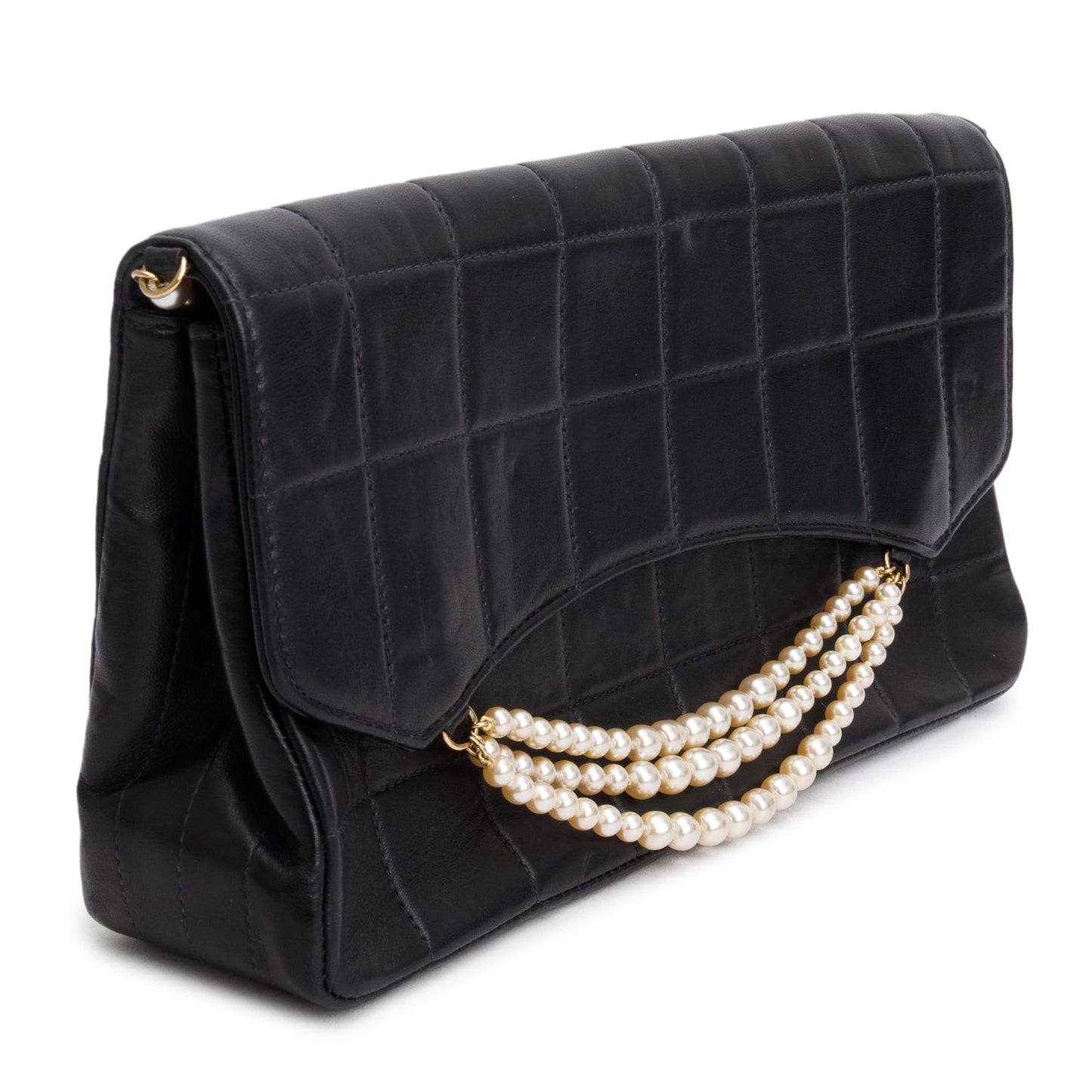 Chanel Quilted Chocolate Bar Pearl Flap Lambskin Black Travel Bag
