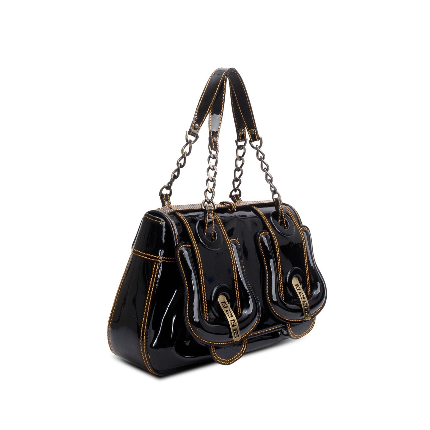 Fendi Patent Shoulder Bag Leather Black