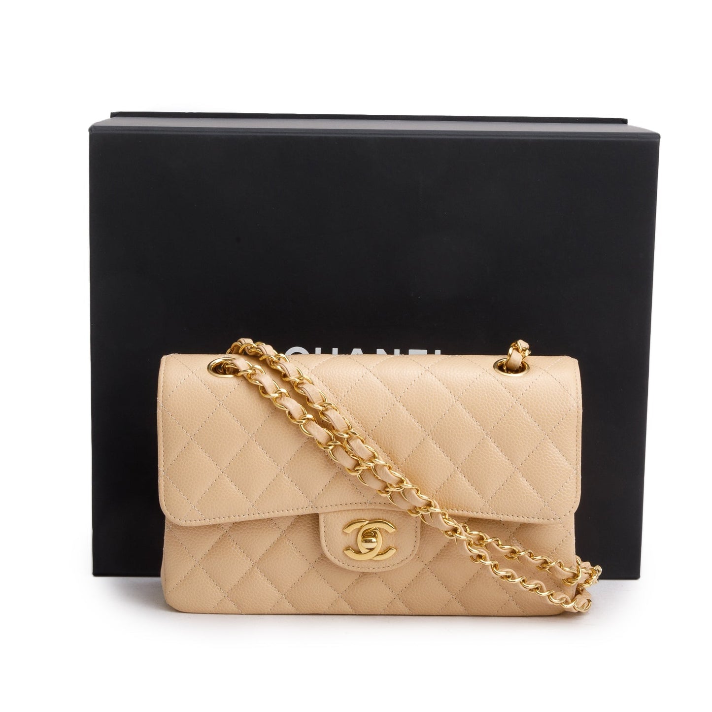 Chanel Caviar Quilted Double Flap Beige Travel Bag