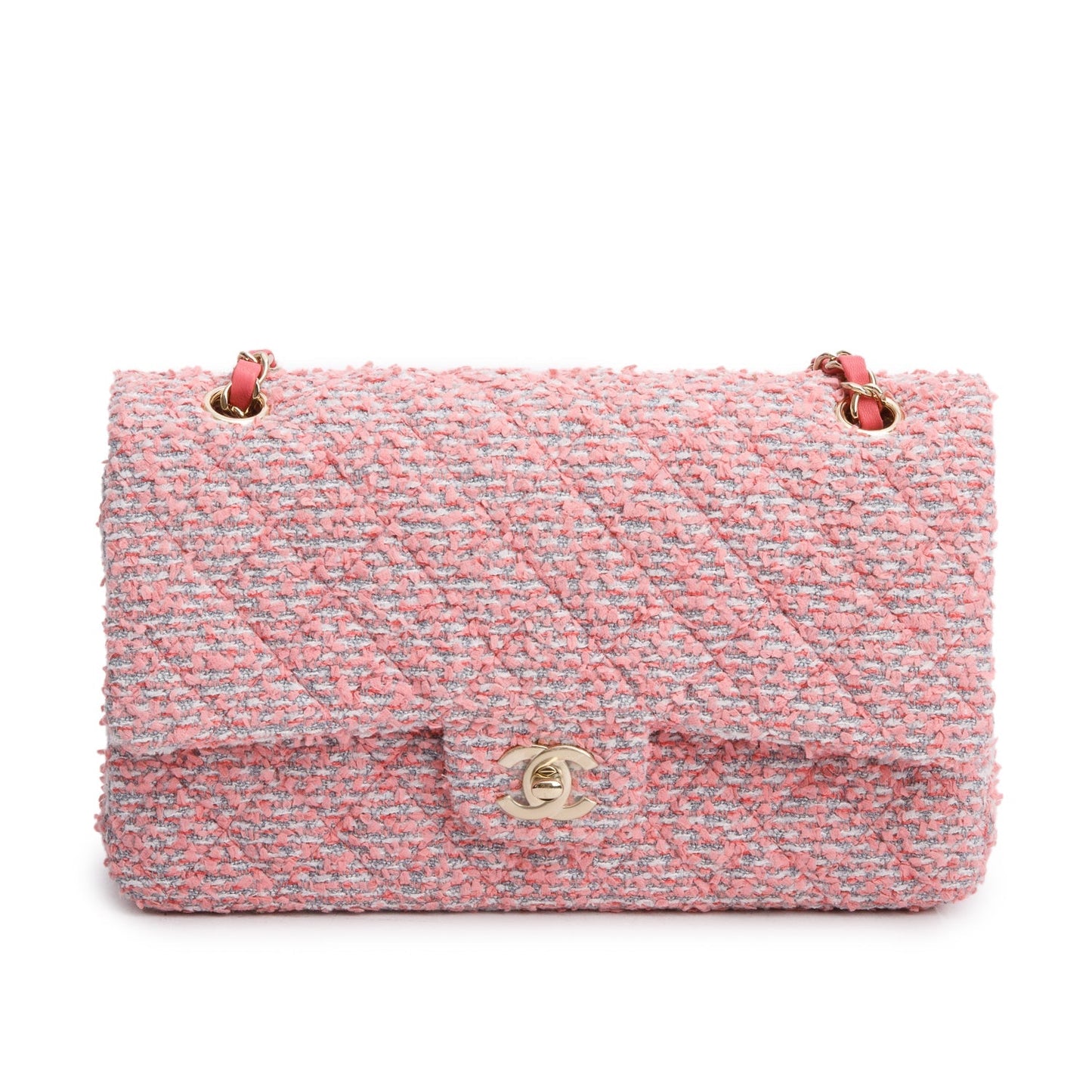 Chanel Tweed Quilted Double Flap Pink Travel Bag