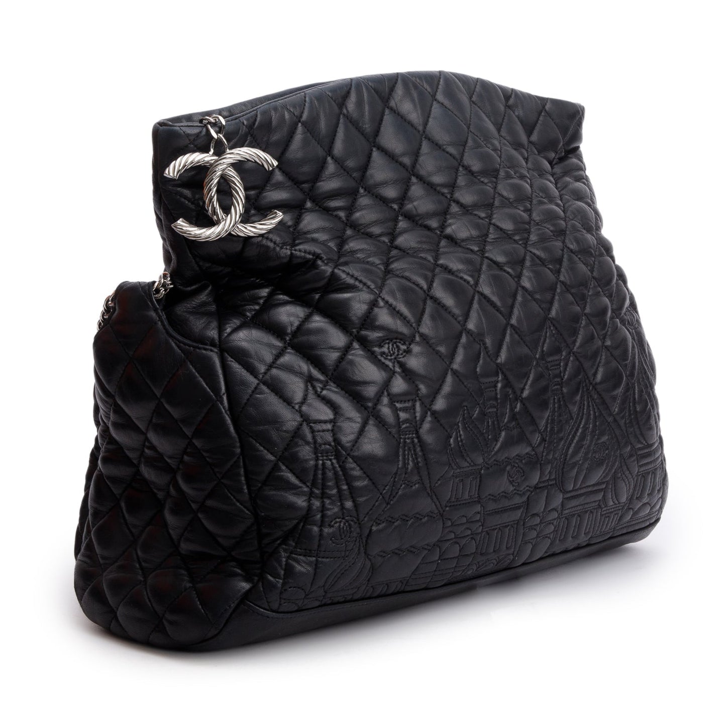 Chanel Quilted Paris Moscou Square Hobo Lambskin Black Red Travel Bag