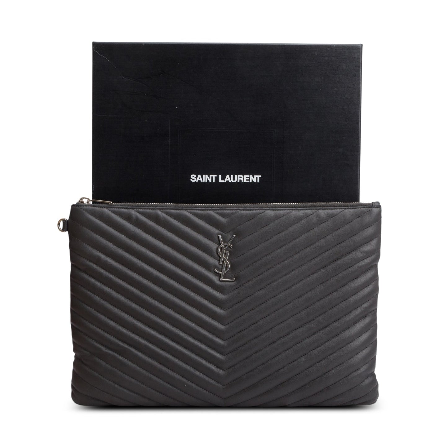 YSL Saint Laurent Grey Calfskin Casssandre Tablet Pouch Travel Bag Matelasse Monogram