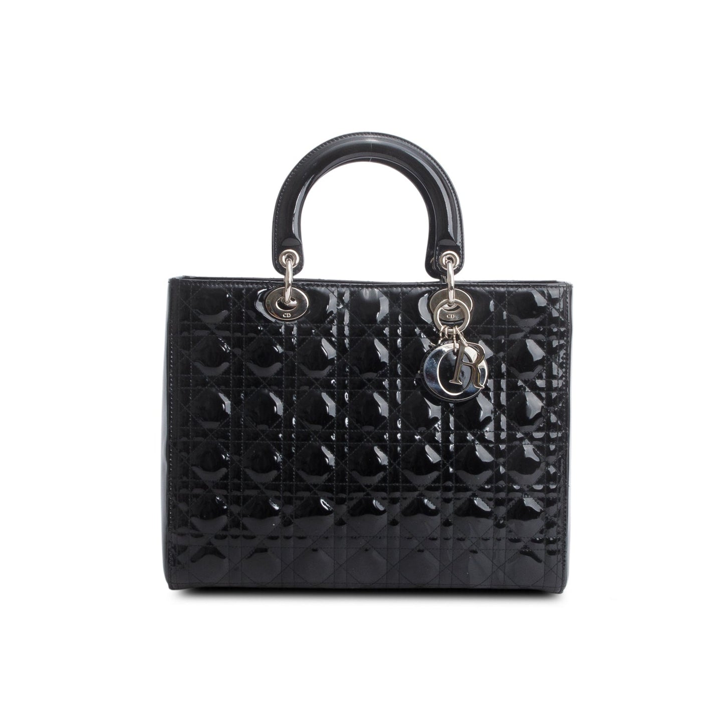 Dior Christian Cannage Patent Lady Handbag Leather Black Travel Bag