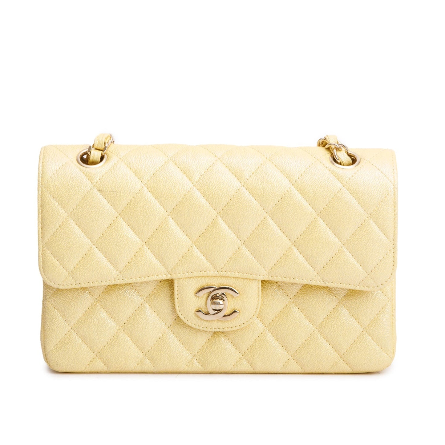 Chanel Iridescent Caviar Quilted Double Flap Leather Yellow Travel Bag