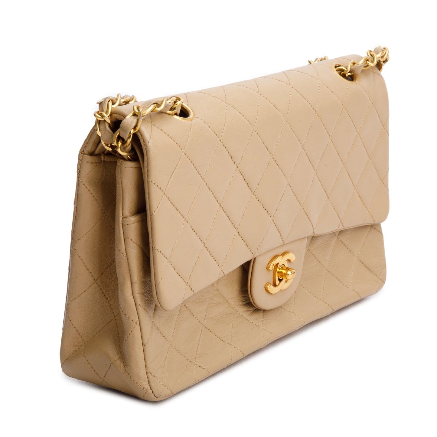 Chanel Quilted Double Flap Lambskin Beige Travel Bag