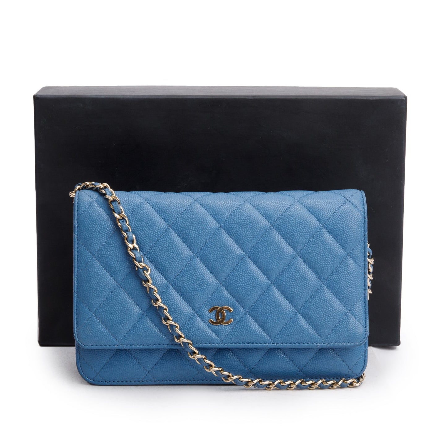 Chanel Quilted Caviar Classic on Leather Blue Wallet Case