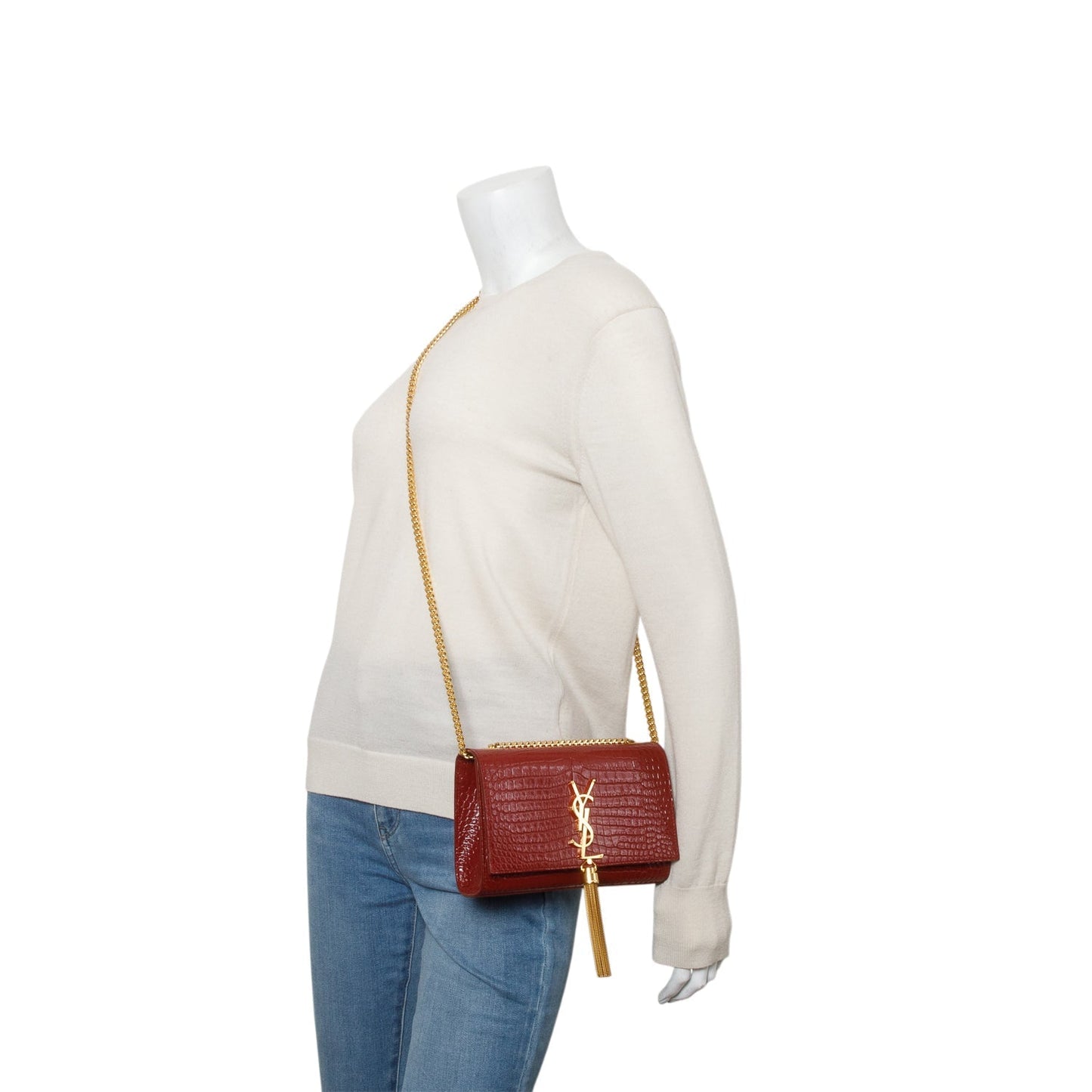YSL Saint Laurent Croc Embossed Small Classic Kate Tassel Chain Leather Monogram Travel Bag