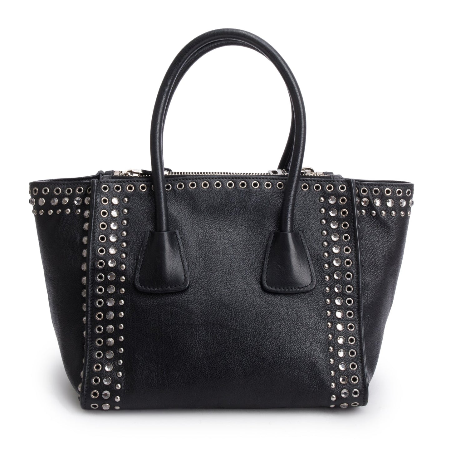 Prada Glace Calf Studded Twin Pocket Tote Handbag Black Tote Bag