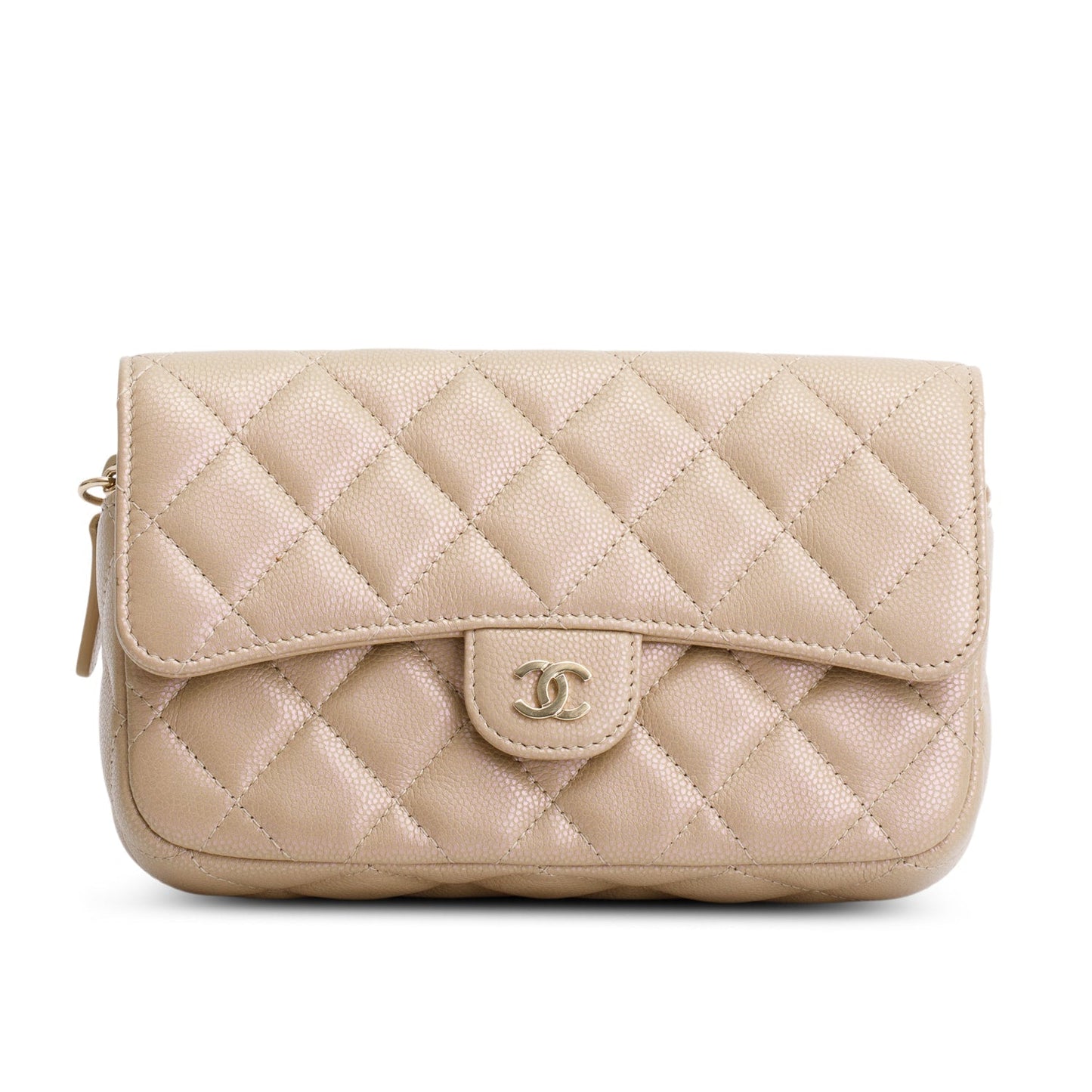 Chanel Iridescent Caviar Quilted Phone Holder Beige Wallet Case