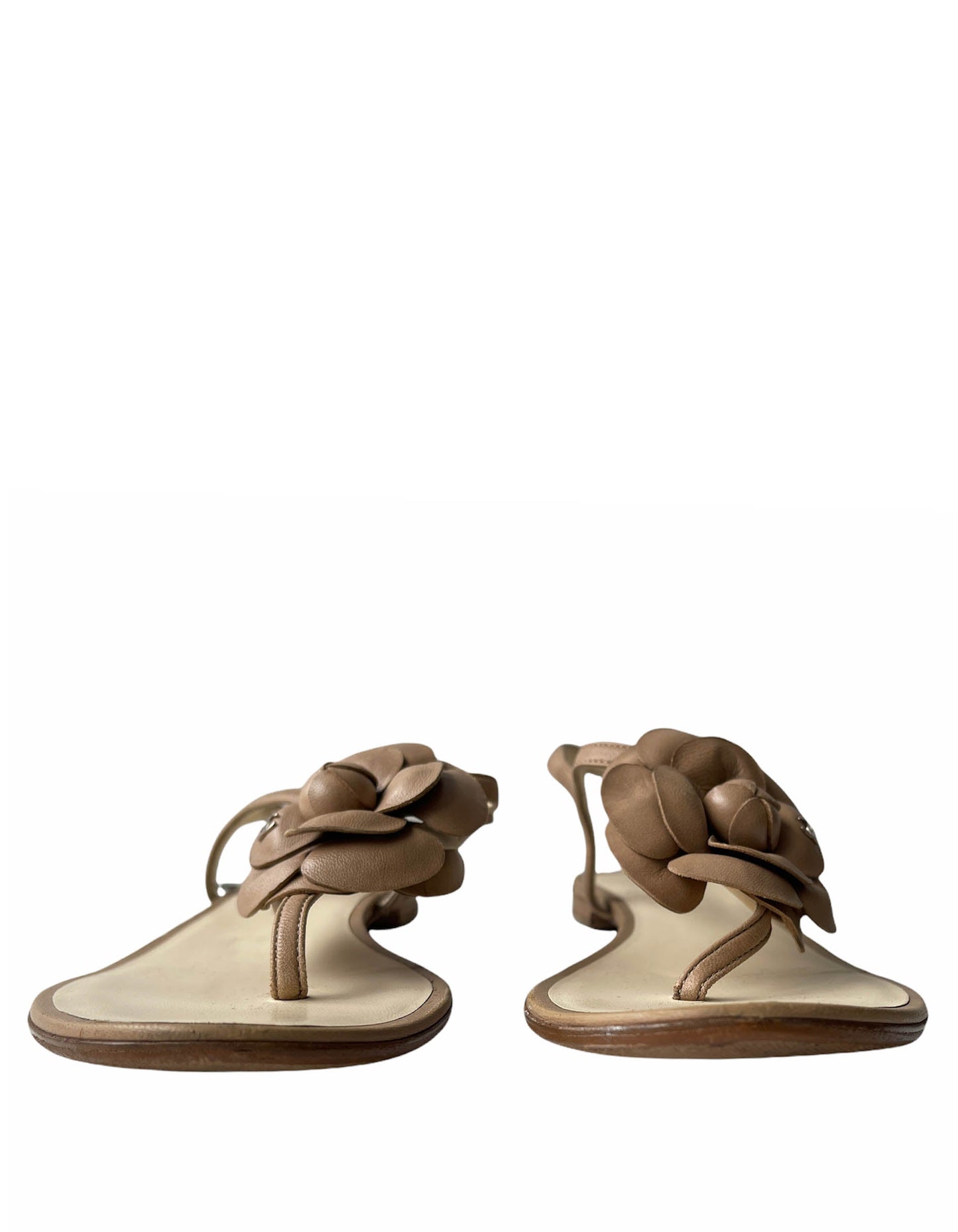 Chanel Beige Leather Camelia CC Thong Sandals Sz 35.5 for Women