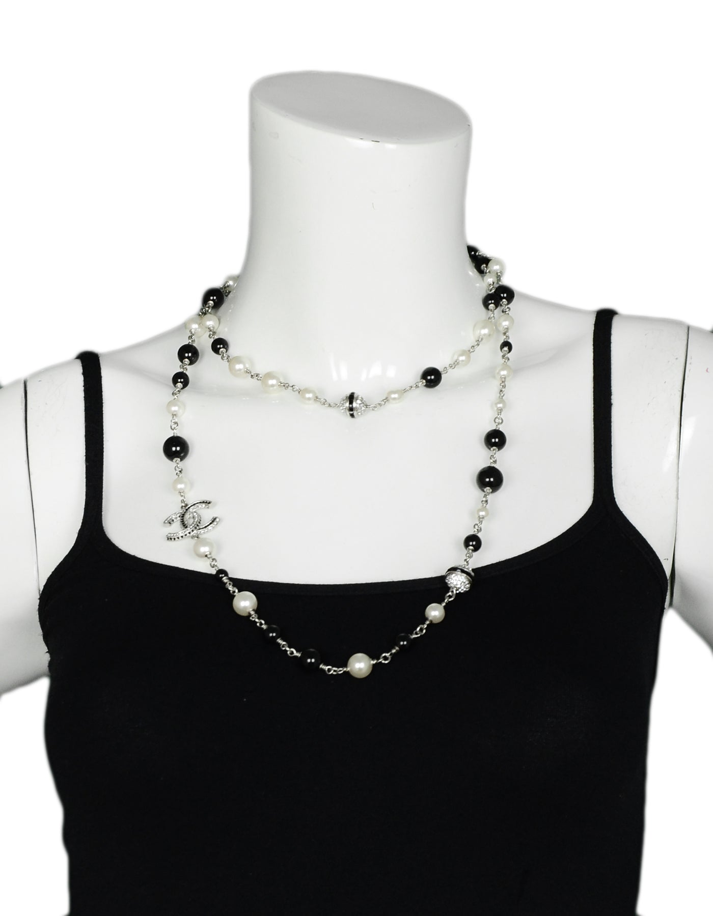 Chanel Black Bead & Faux Pearl Necklace With Strass Crystal Cc & Beads