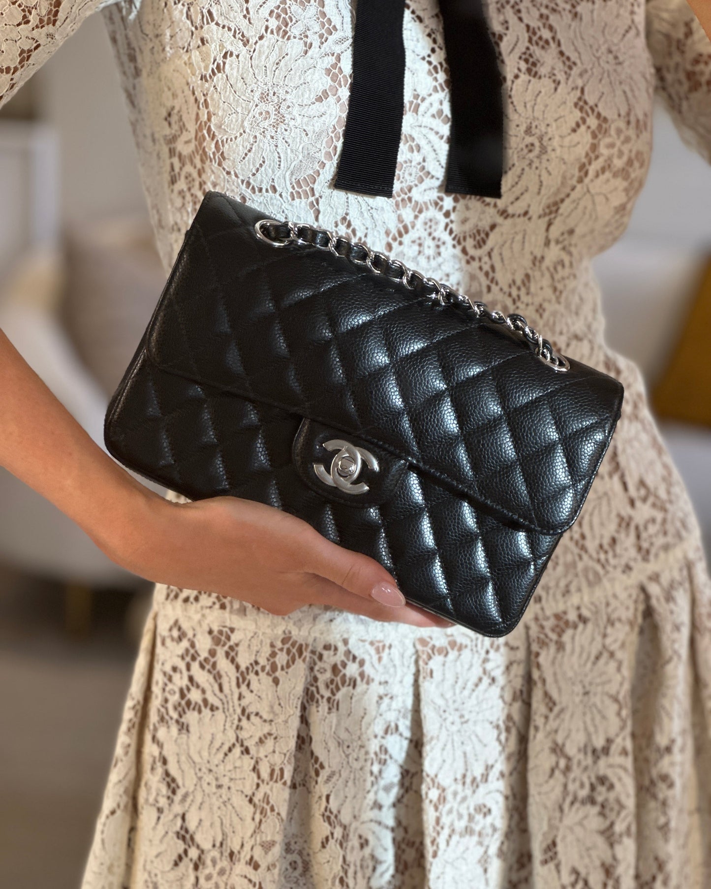 Chanel Black Small Classic Double Flap Bag In Caviar Leather With Silver Hardware