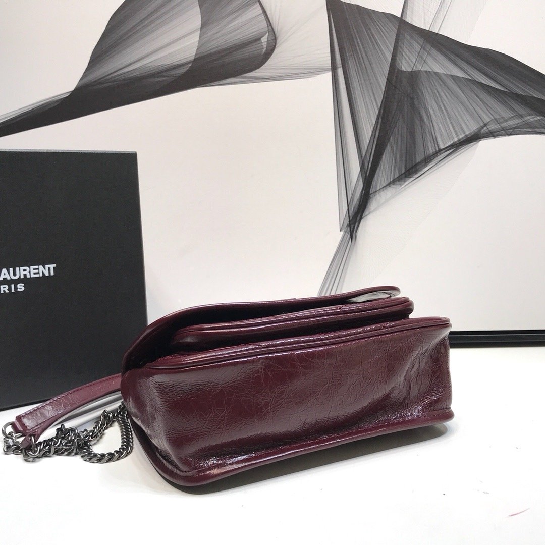YSL Saint Laurent Niki Baby Crinkled Burgundy 8in Chain Handbag
