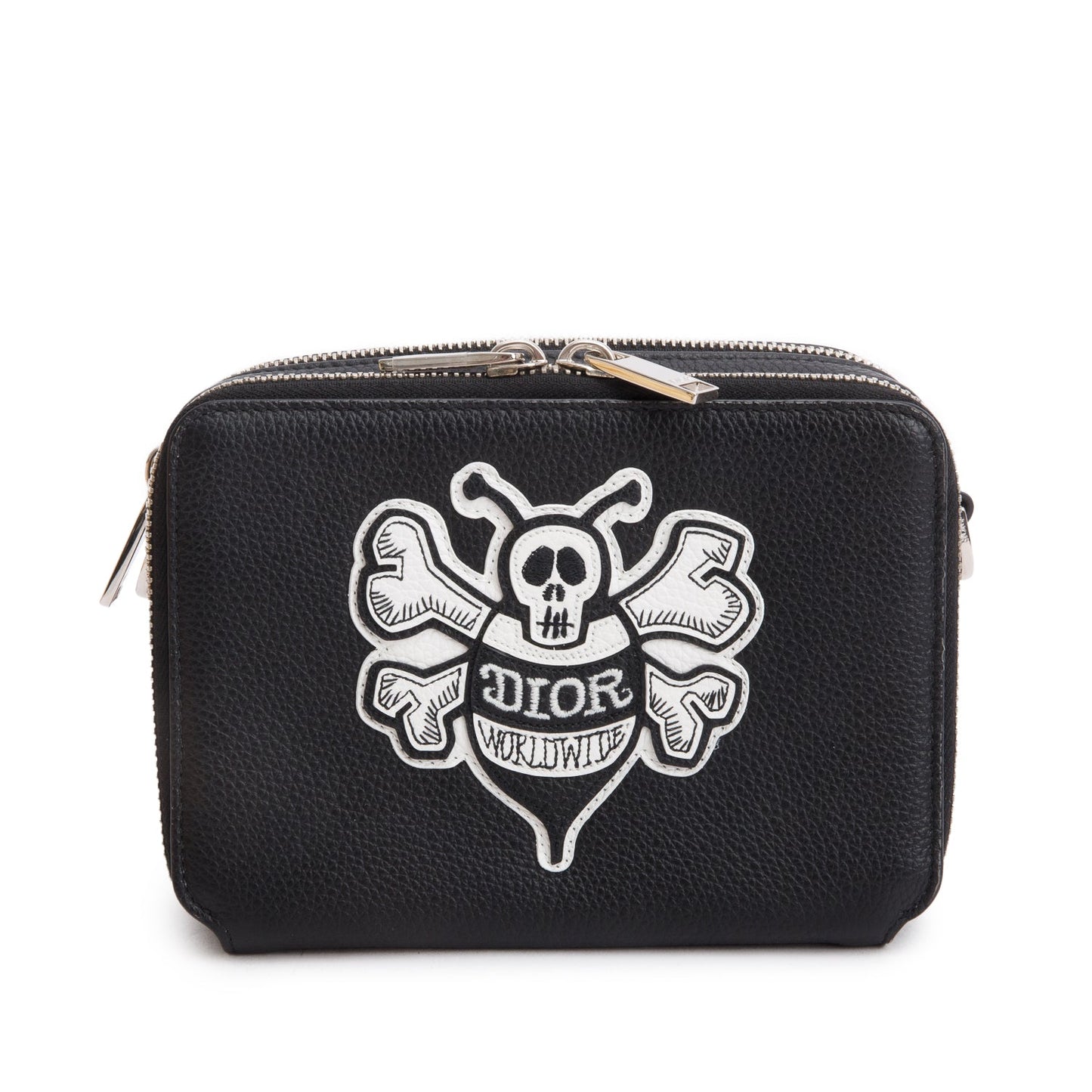 Dior Christian X Shawn Stussy Calfskin Double Zip Leather Black Crossbody Bag