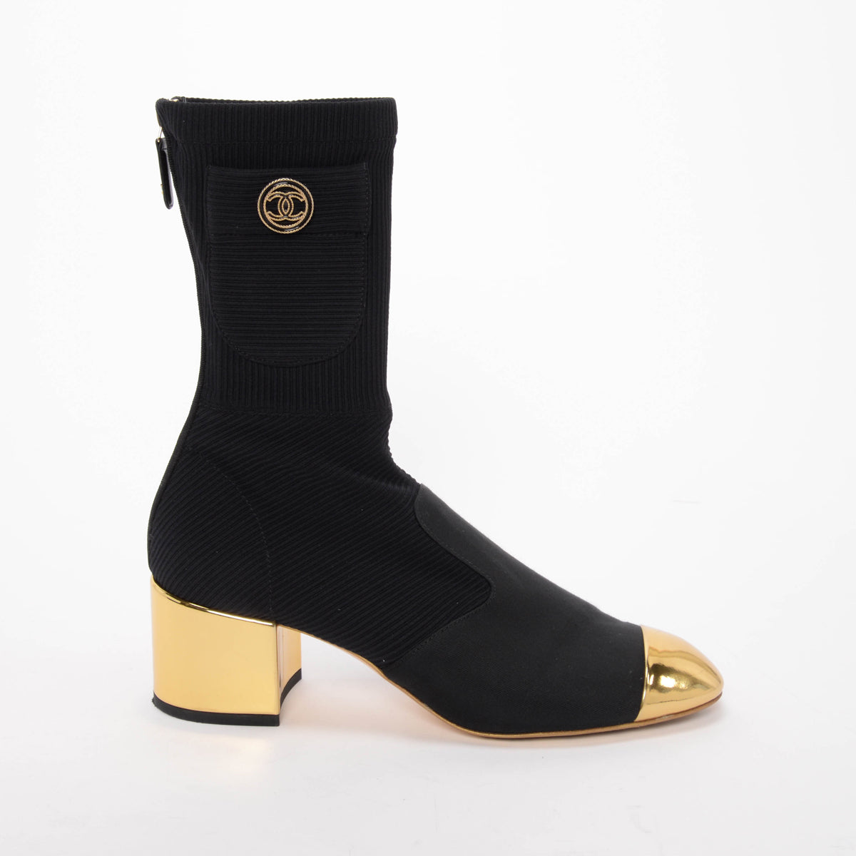 Chanel Black & Gold Knit CC Pocket Sock Boots 39 for Women