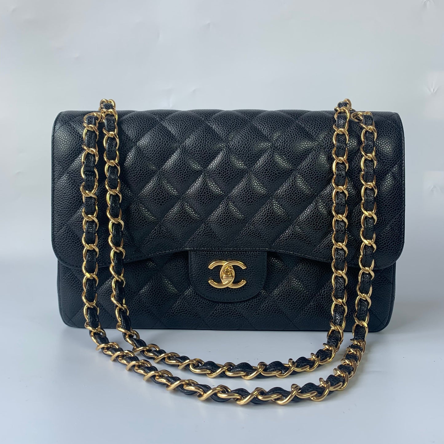 Chanel Classic Flap Jumbo Caviar Double Flap Black Gold Leather Handbag Gold Hardware