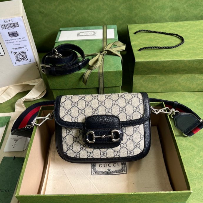 gg Horsebit gg Supreme 8in Canvas Beige Blue Mini Travel Bag