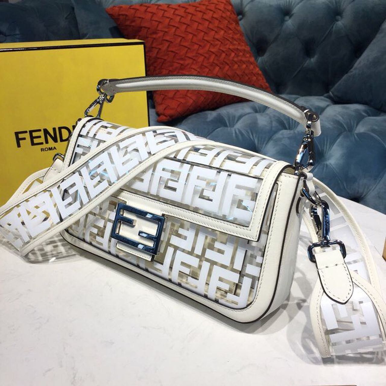 Fendi Top QualityTop Quality Baguette Nappa White FF Crossbody Bag
