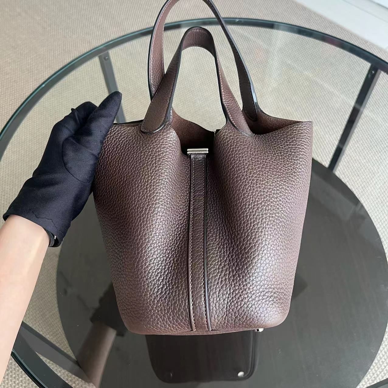 Hermes Picotin Clemence Macassar Stamp Sqaure Palladium Hardware Handbag Travel Bag