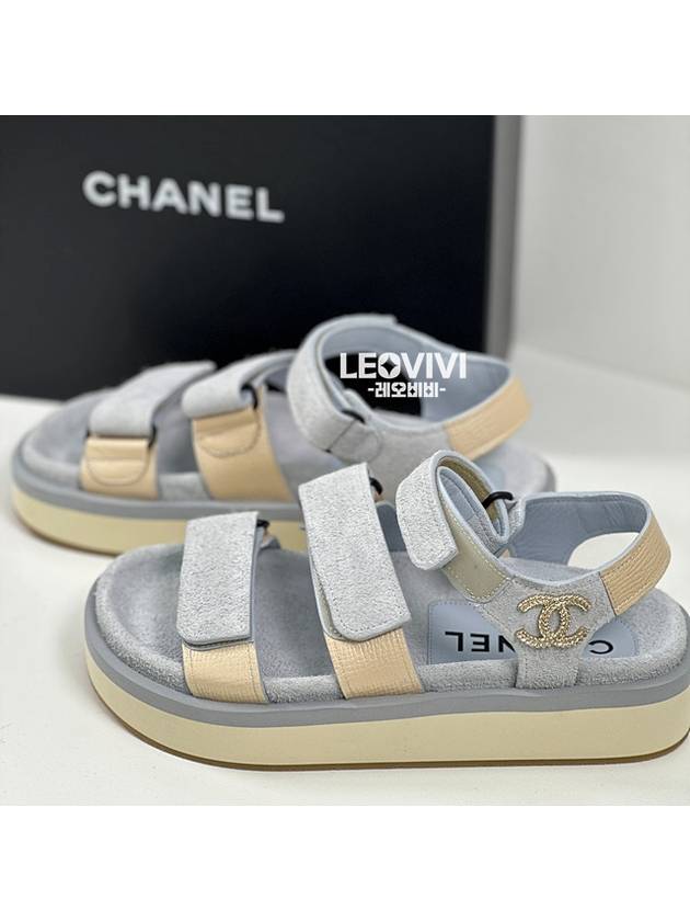 CC Logo Suede Velcro Sandals Blue Chanel