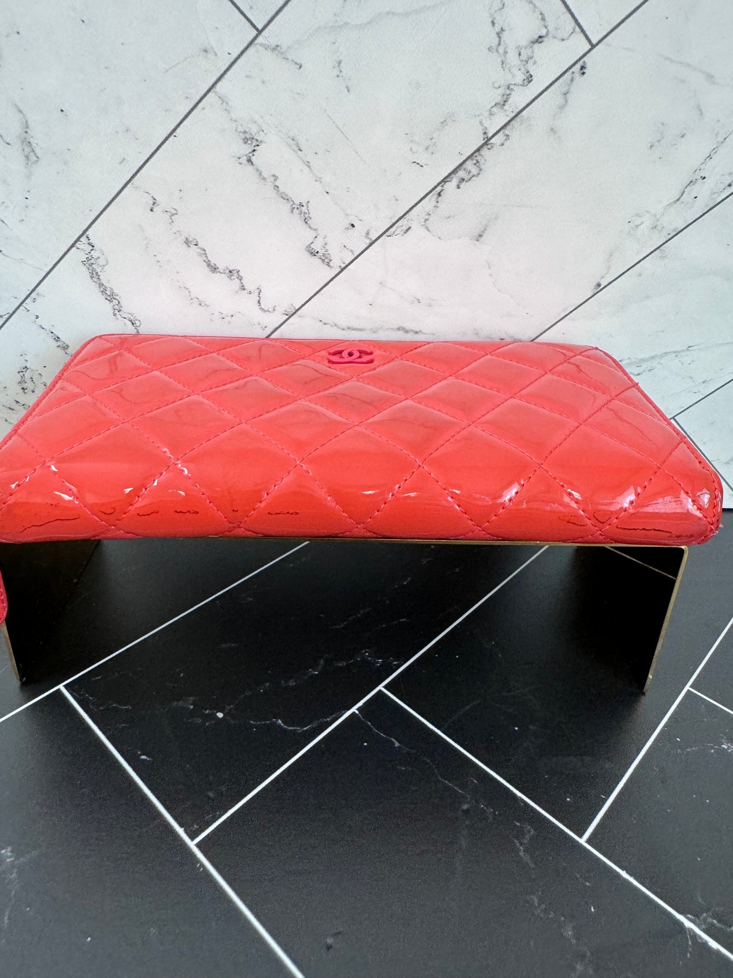 Chanel Coral Red Quilted Patent Leather Zippy Wallet
