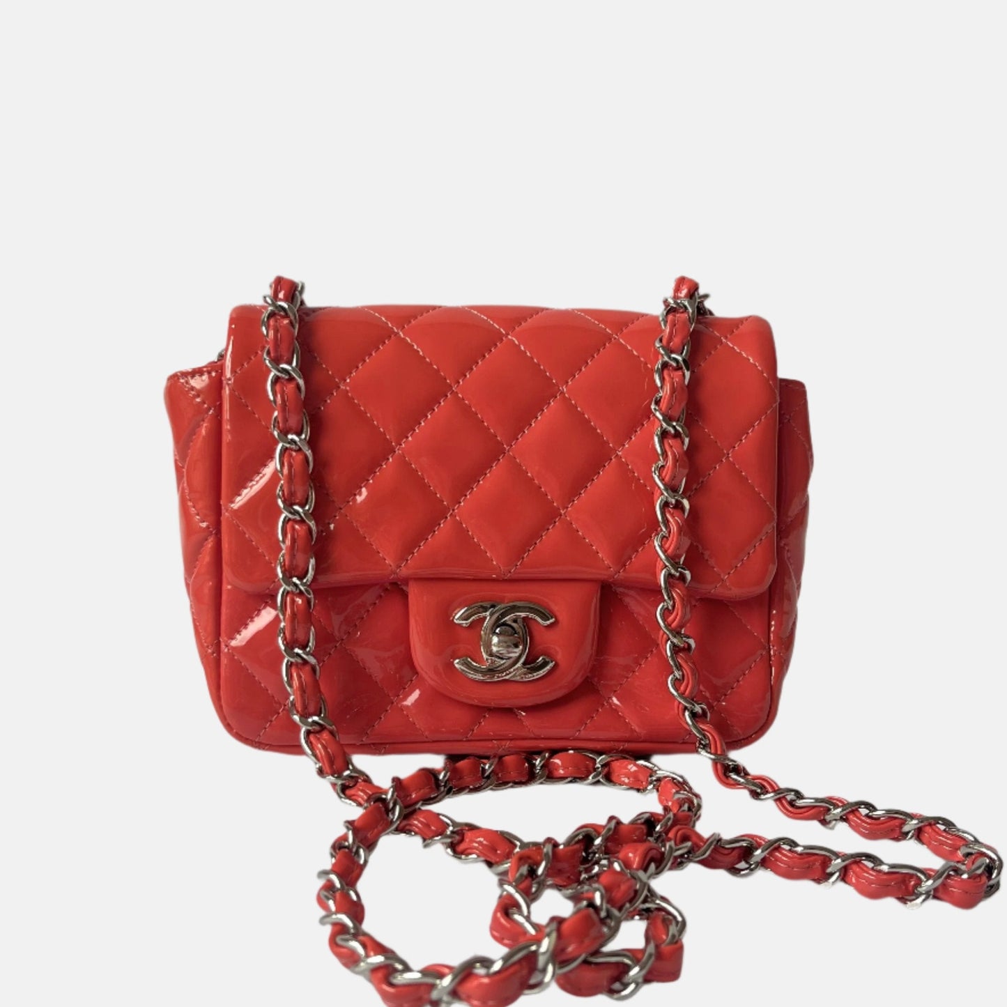 Chanel Classic Flap Square Coral Patent Lambskin Orange Crossbody Bag