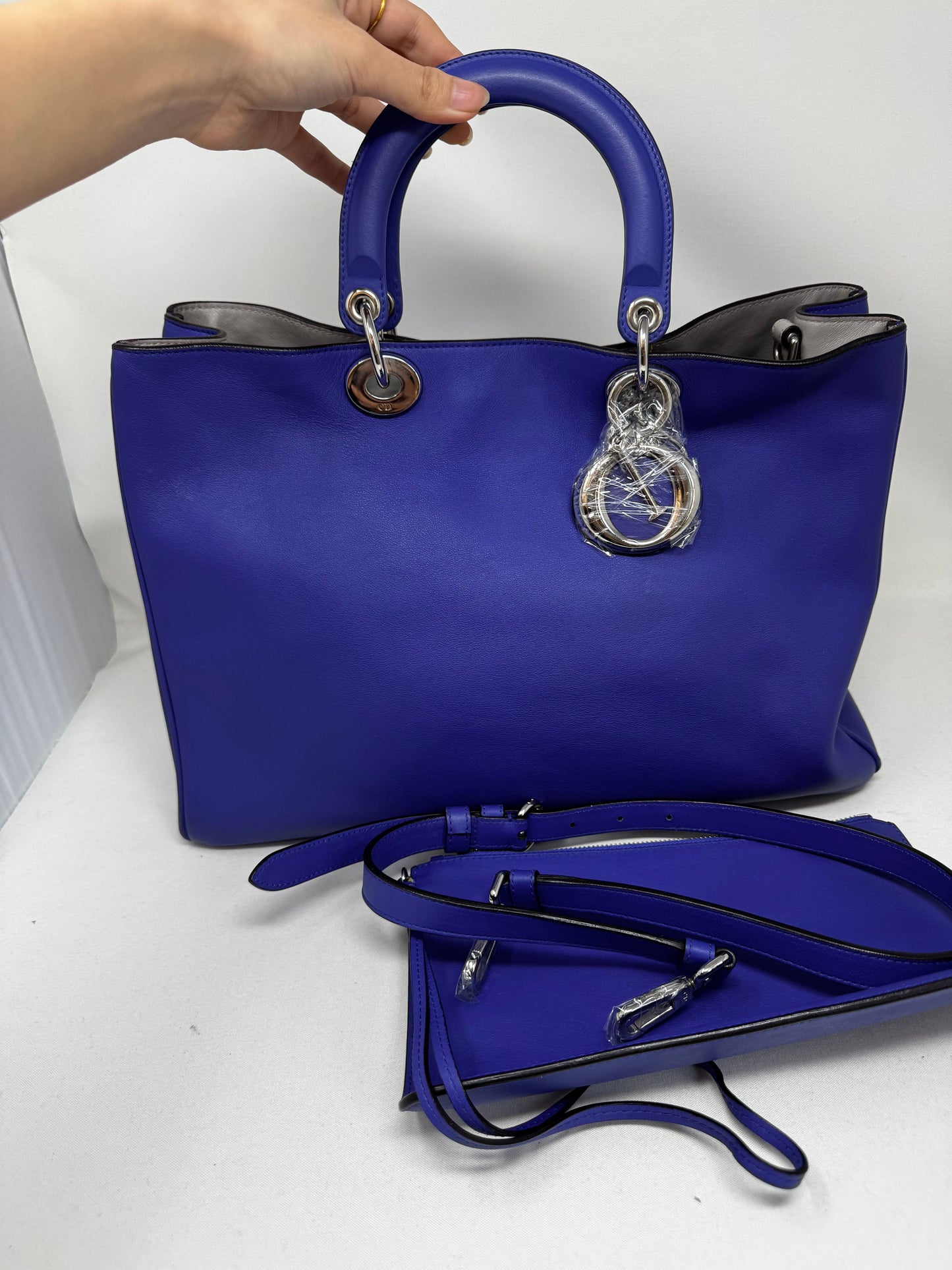 Dior Handbag Christian Dark -Finish Calfskin issimo Tote Bag Leather Satin Blue