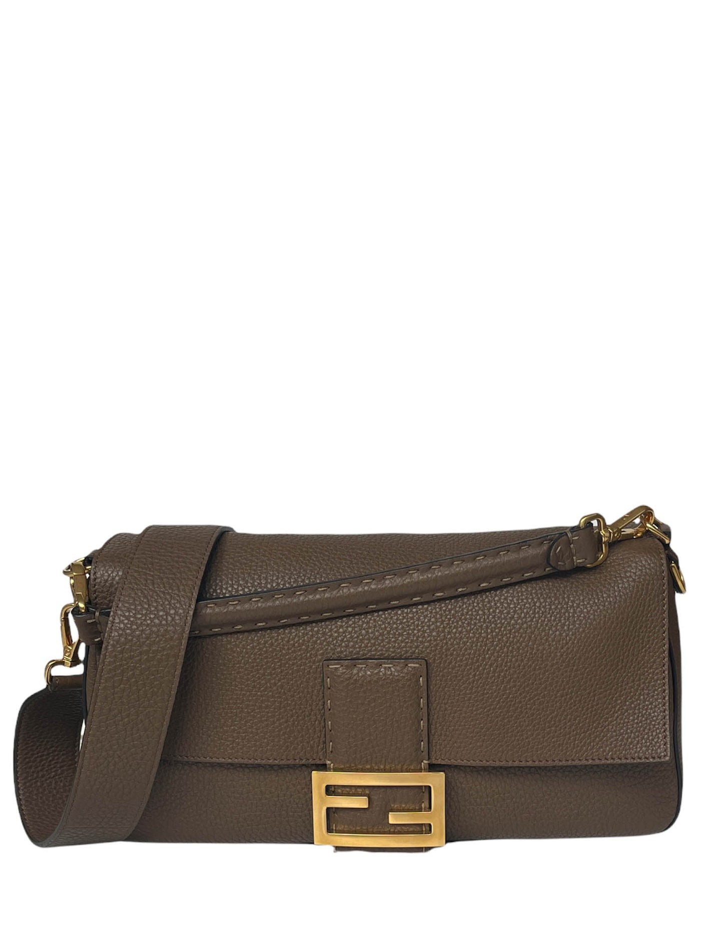 Fendi Handbag Selleria Baguette NM Bag w Two Straps Leather Brown Large Shoulder Bag