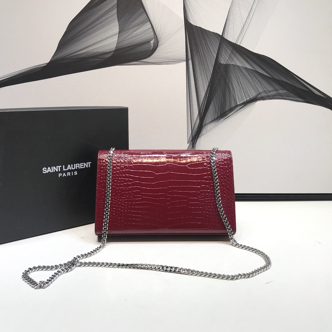 YSL Saint Laurent Kate Tassel Embossed Crocodile Burgundy Medium Chain Handbag
